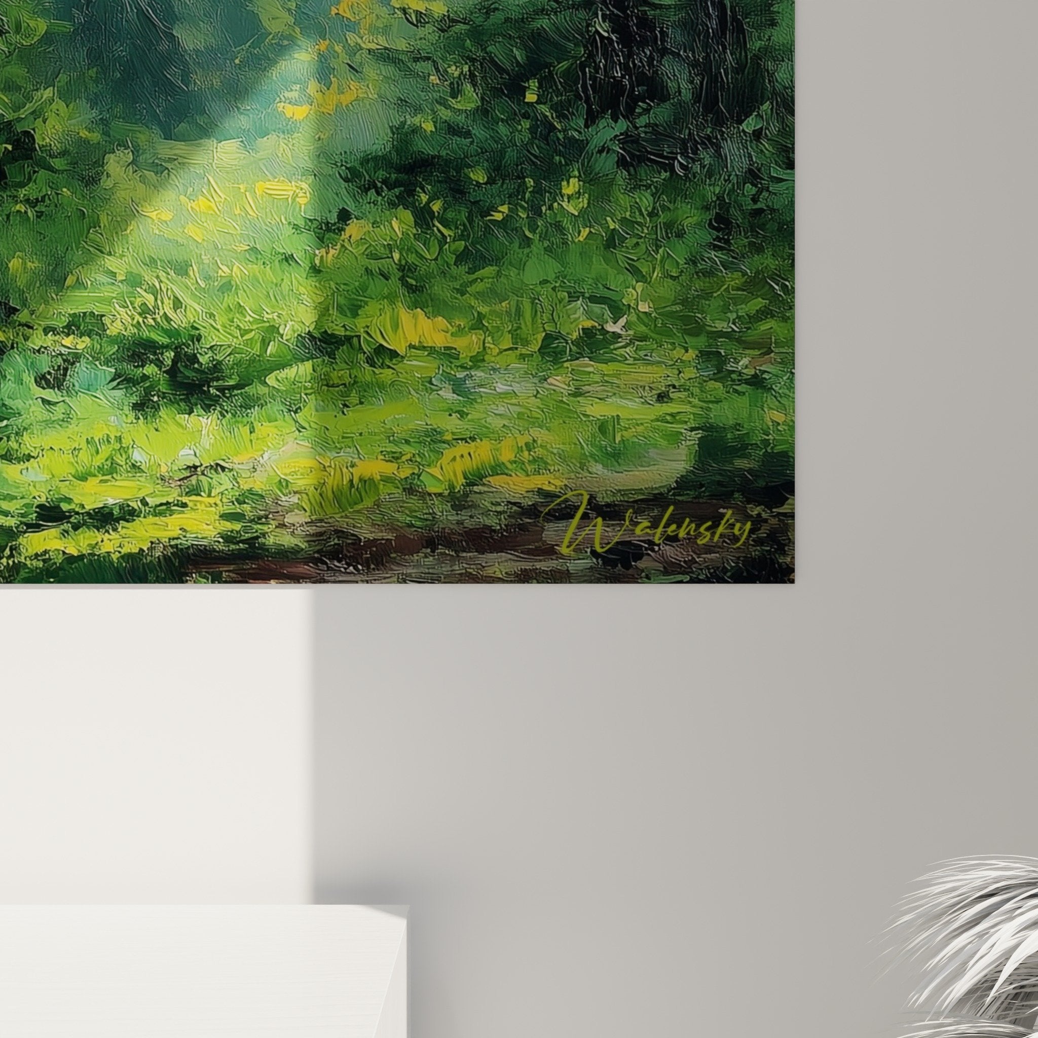 Gesamtansicht Waldgemälde mystischer Wald Wohnzimmer Feng Shui Holz Wanddekoration grüne Natur Zen