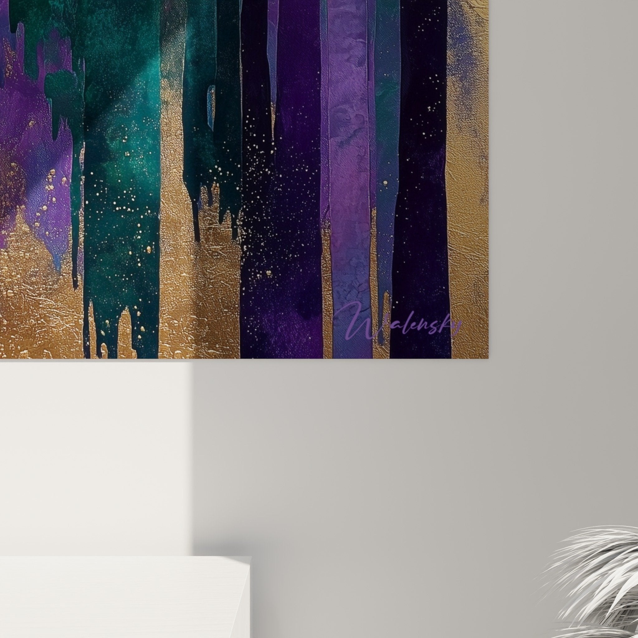 Vue ensemble tableau foret nocturne salon decoration murale turquoise violet feng shui sud-est bois