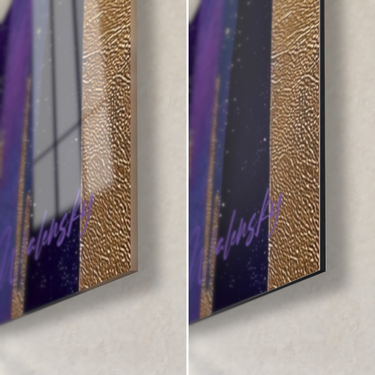 Wall art purple and gold undergrowth, bottom right corner: glossy acrylic glass on the left, matte Dibond aluminium on the right, thin 3 mm edge