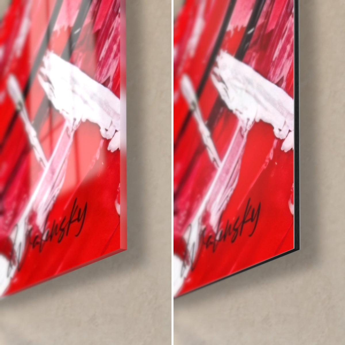 Wall art white terrier with open mouth, bottom right corner: red and white glossy glass on the left, matte Dibond on the right, 3 mm edge