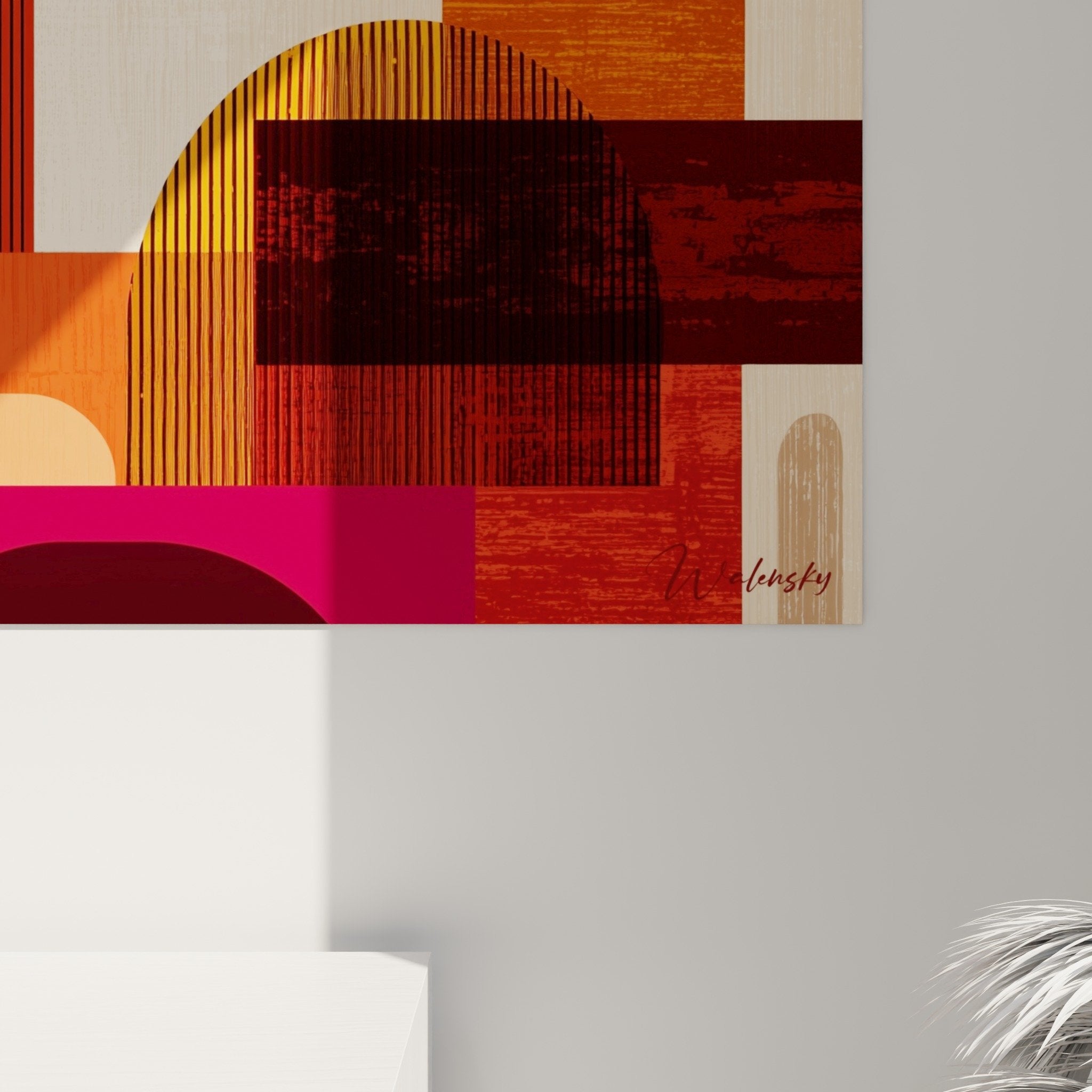 Vue ensemble tableau geometrique orange rouge salon decoration murale feng shui sud ouest