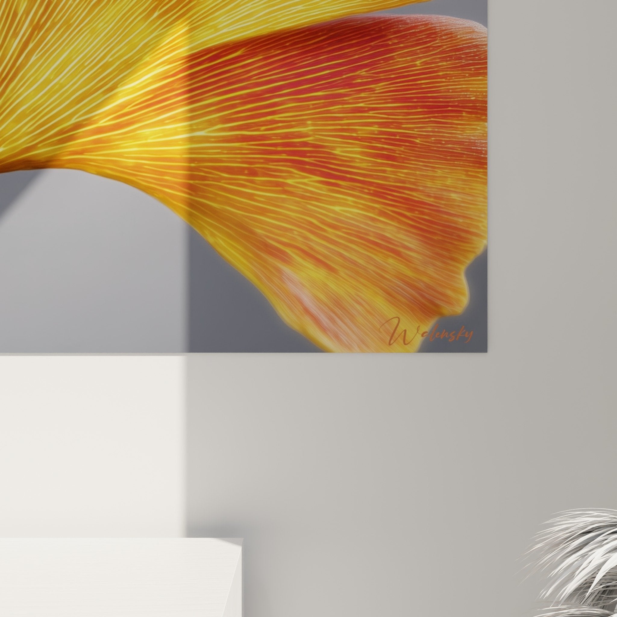 Vue ensemble tableau ginkgo dore salon decoration murale feuille automne couleurs chaudes
