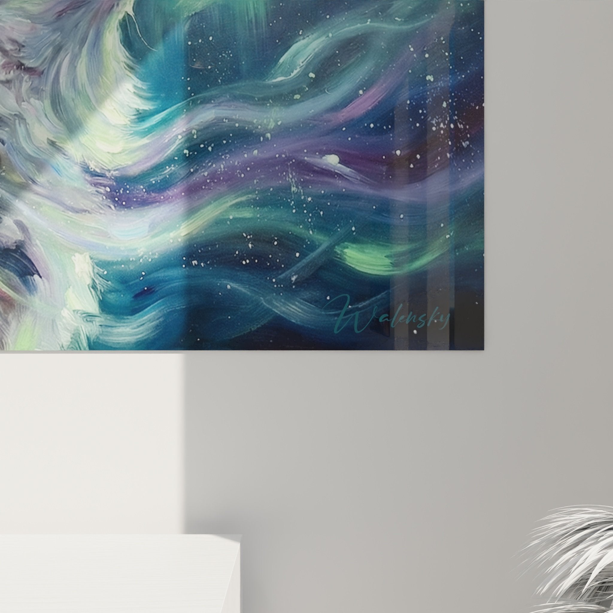 Vue ensemble tableau husky arctique aurores boréales salon moderne décoration murale nordique atmosphère sereine