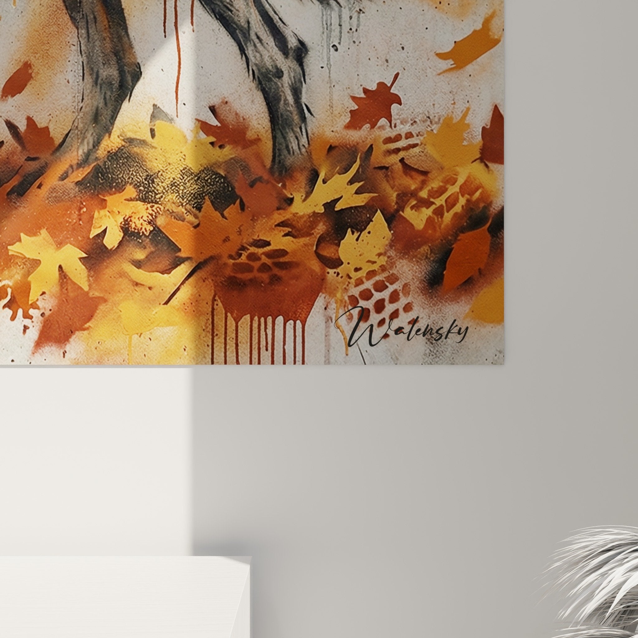 Vue ensemble tableau mural Irish Wolfhound chasse automne style street art dans salon moderne