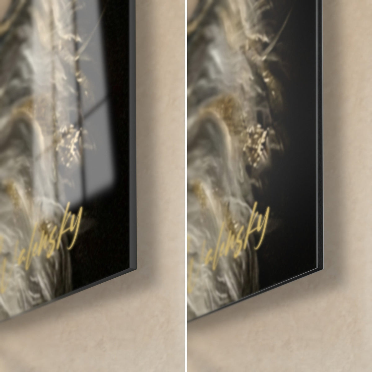Wall art dogs with grey and golden fur, bottom right corner: glossy glass on the left, matte Dibond on the right, 3 mm edge