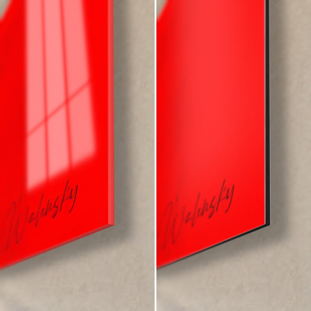 Wall art red and black dog portrait, bottom right corner: glossy acrylic glass and matte brushed Dibond aluminium, 3 mm edge