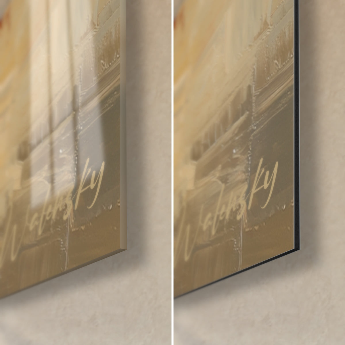 Quadro Afghani con riflessi dorati e bianchi, angolo in basso a destra in vetro lucido e Dibond alluminio opaco, spessore 3 mm