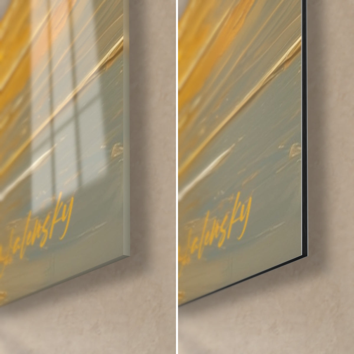 Wall art of a lion in gold and blue-grey tones, bottom right corner: glossy acrylic glass on the left, matte Dibond aluminium on the right, 3 mm edge