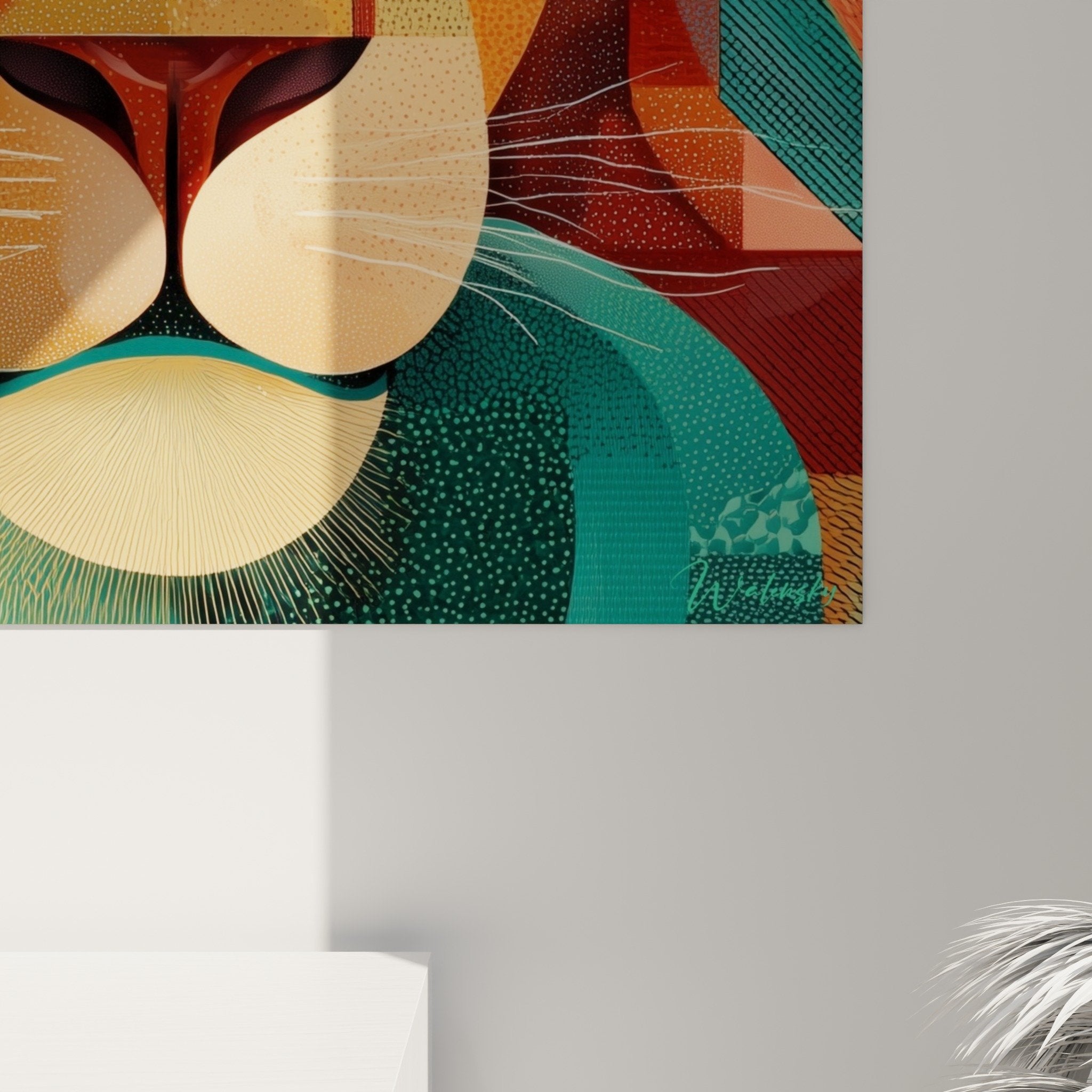vue ensemble tableau lion moderne salon decoration murale contemporaine