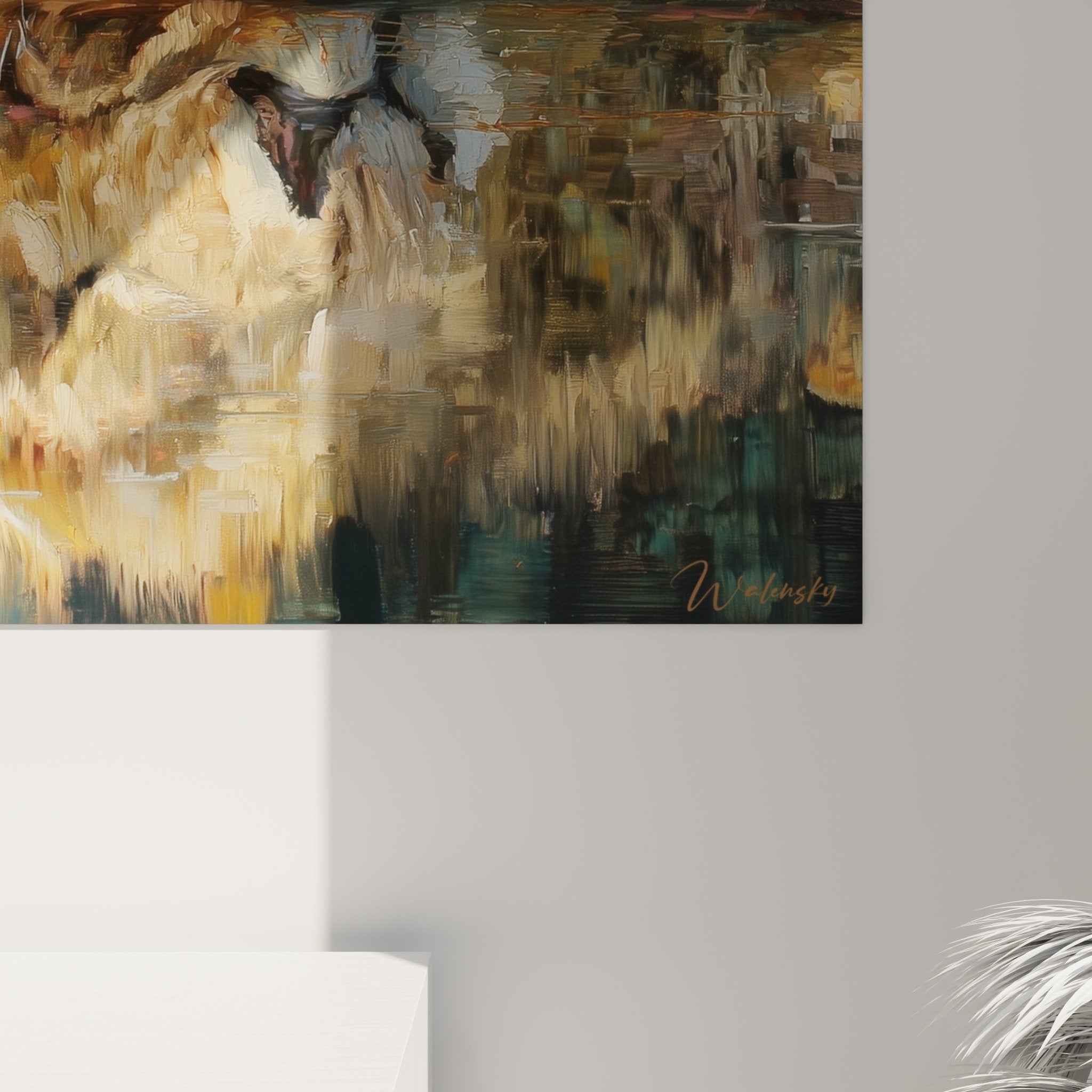 Vue ensemble tableau lion reflets eau salon decoration tons chauds terre cuivre harmonie visuelle apaisante