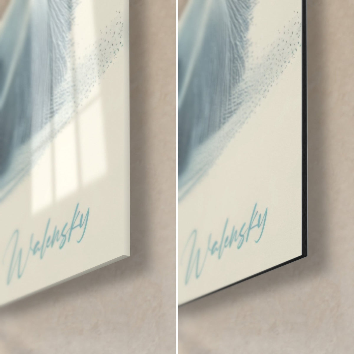 Wall art of a husky in profile, bottom right corner: glossy sky blue glass on the left, matte Dibond on the right, 3 mm black edge, Walensky signature