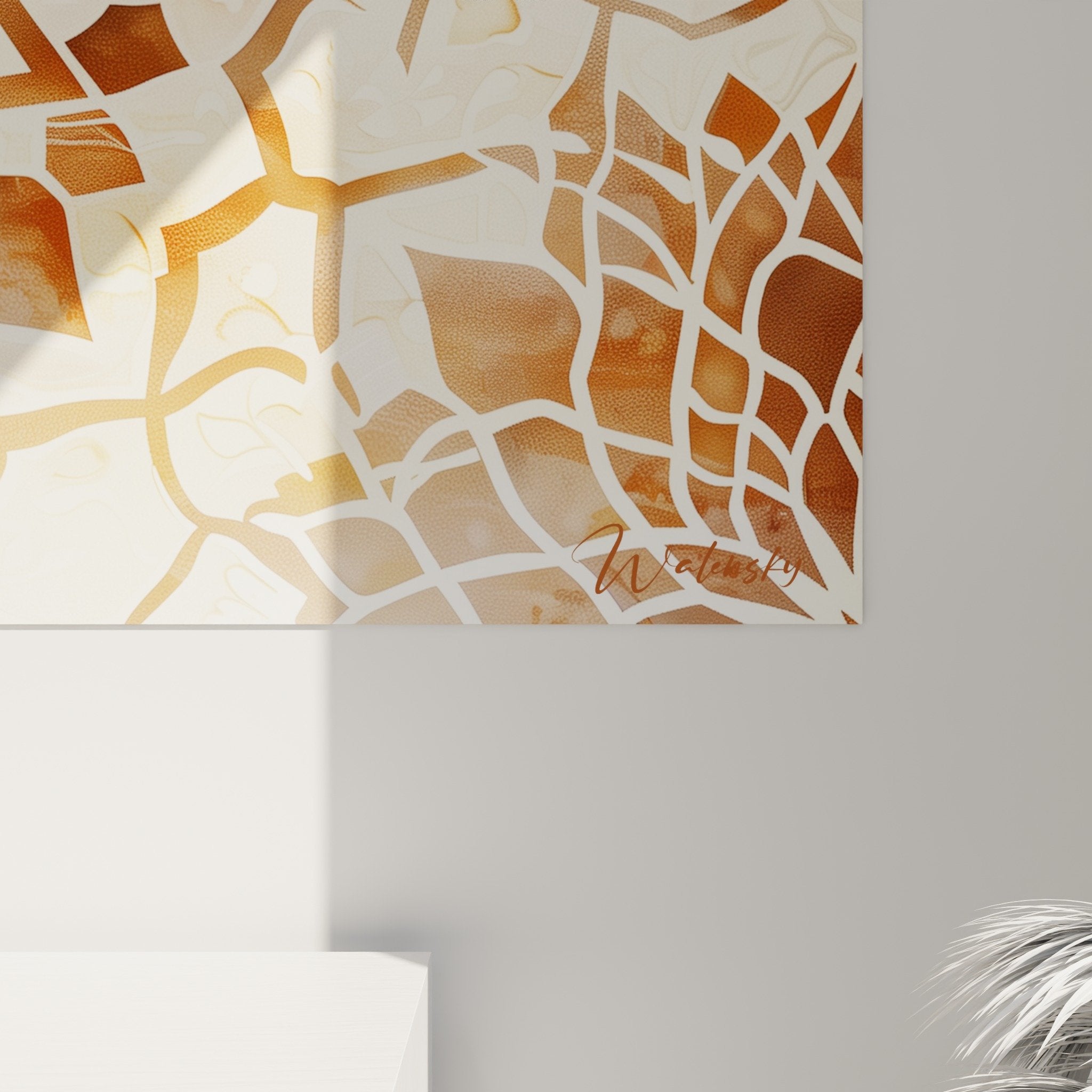 Vue ensemble tableau mandala art islamique salon décoration murale tons chauds ocre