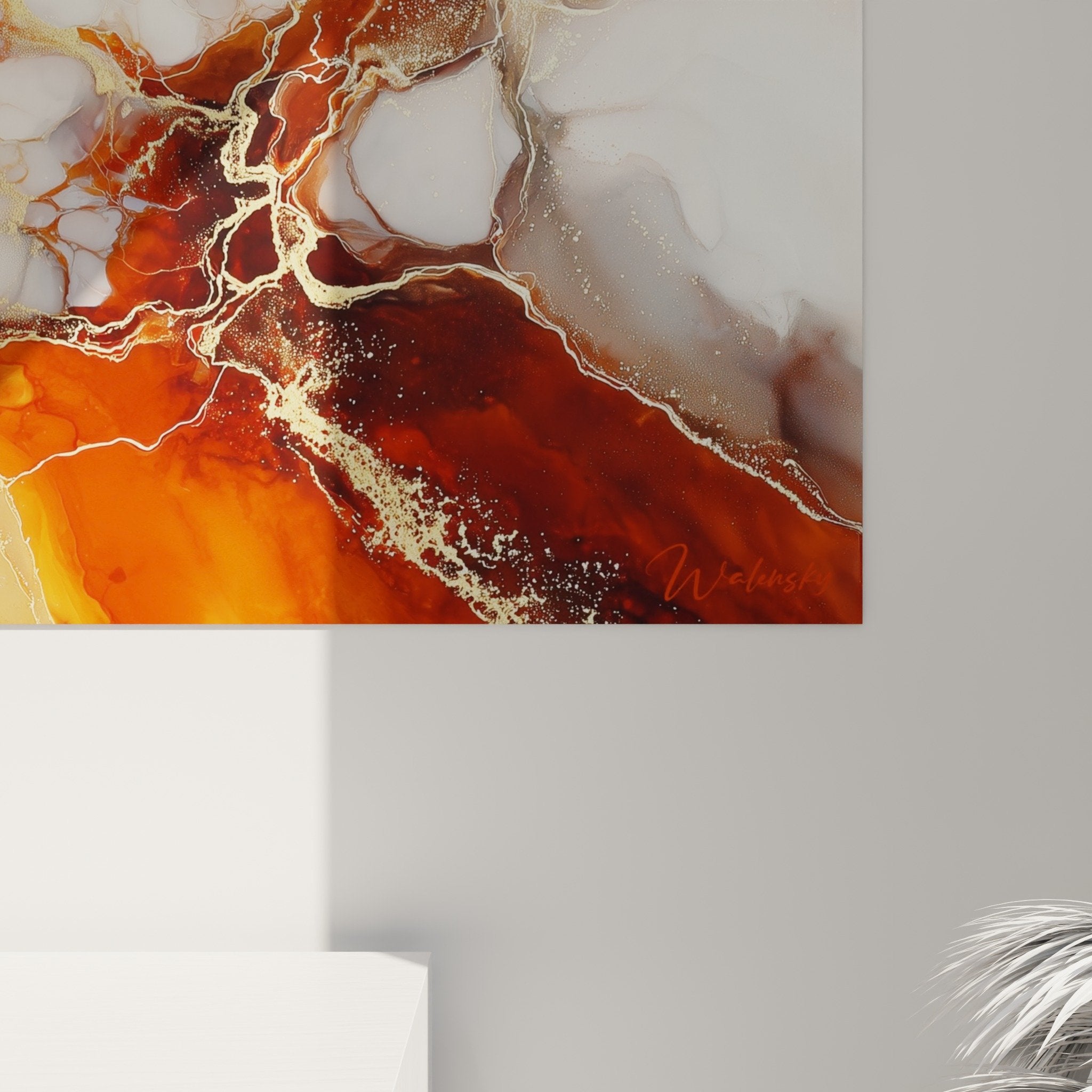 Vue ensemble tableau marbre abstrait salon decoration murale art contemporain couleurs naturelles
