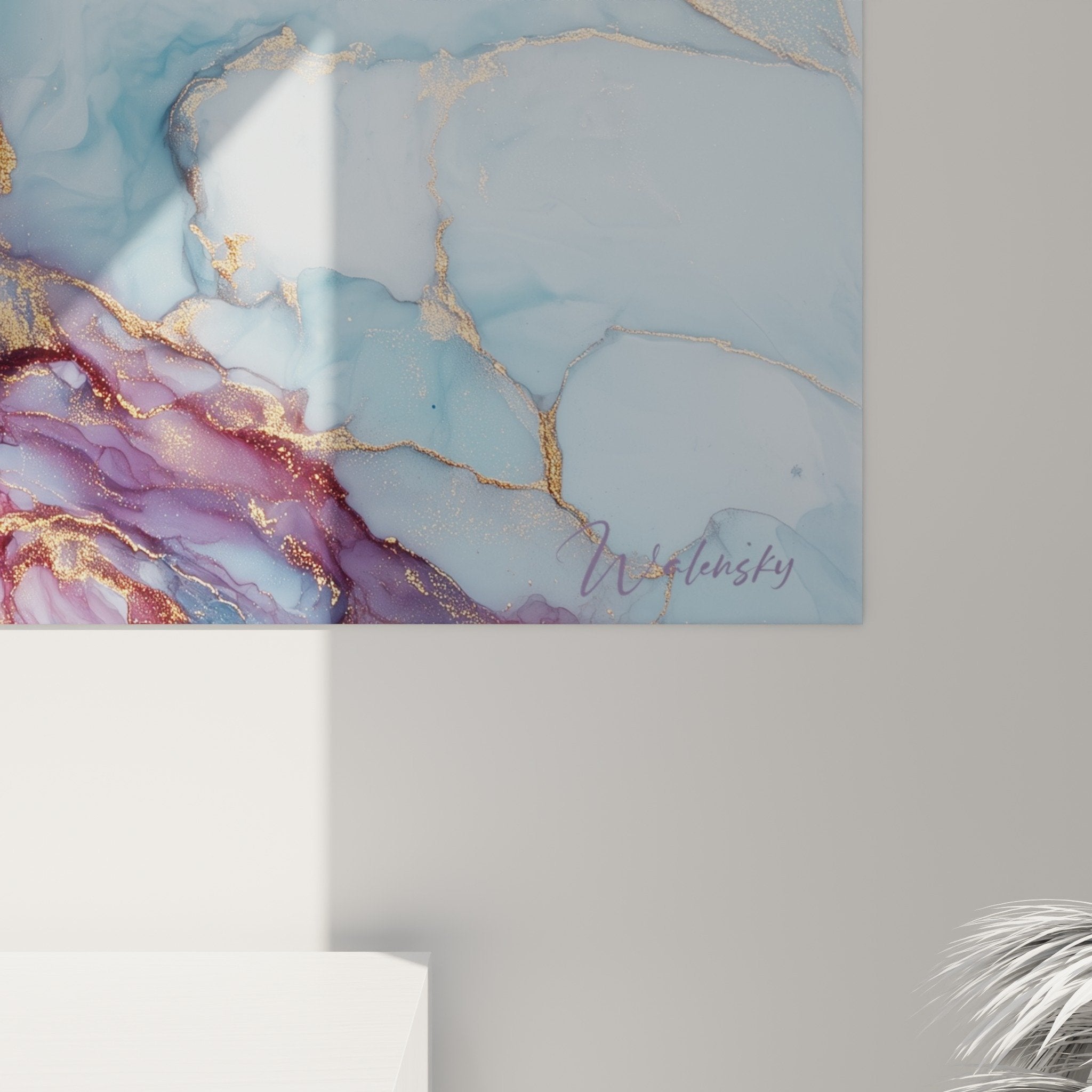 Vue ensemble tableau marbre abstrait fusion celeste salon moderne decoration murale raffinee