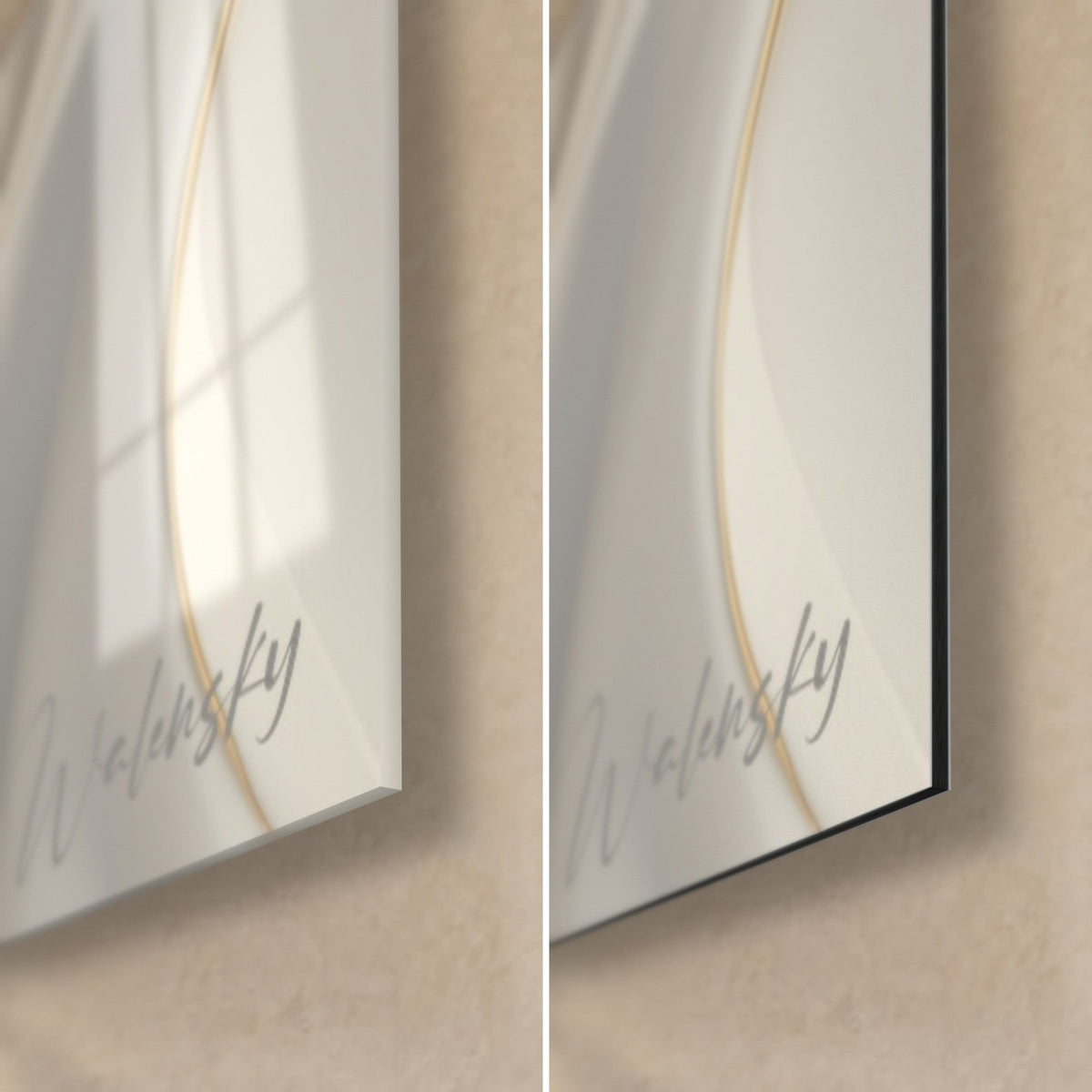 Wall art with mother-of-pearl waves and gold thread, bottom right corner, glossy acrylic glass and matte black Dibond, 3 mm edge