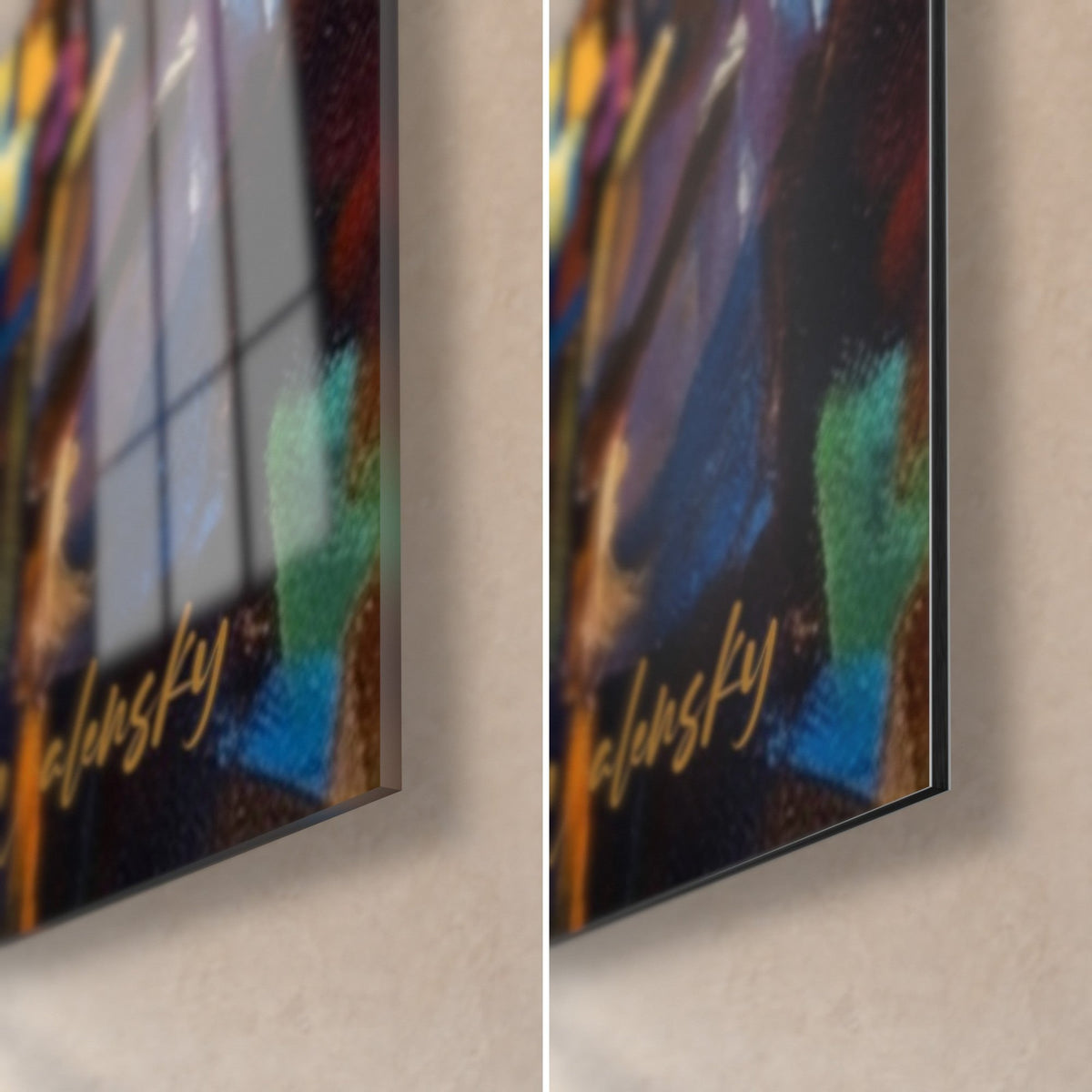 Tableau scène de nuit à Bali, coin bas droit en verre brillant et Dibond mat, signature dorée sur fond bleu et vert