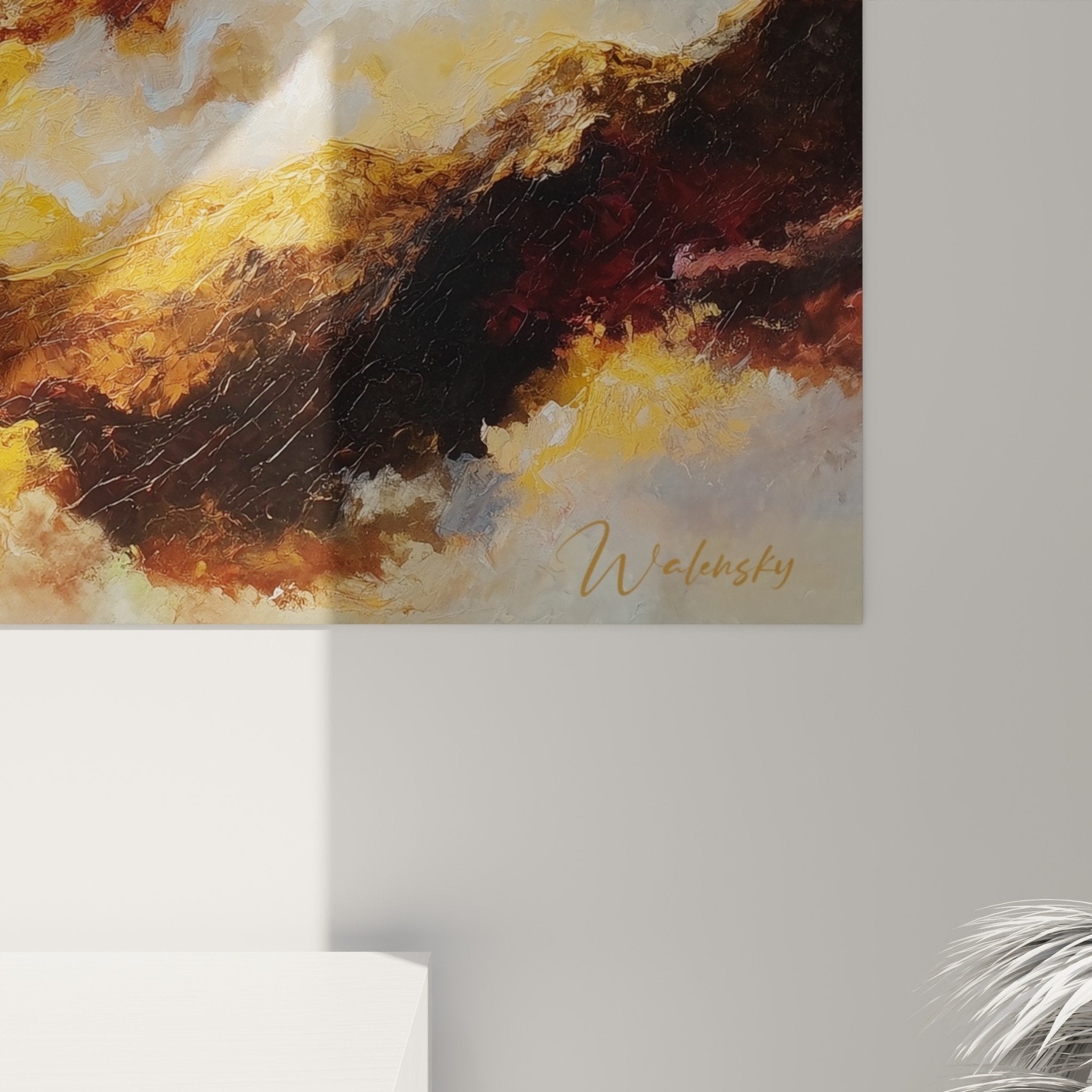 Complete view of ochre mountain artwork living room - Decorative harmony warm earthy tones - Feng shui Northeast Earth style