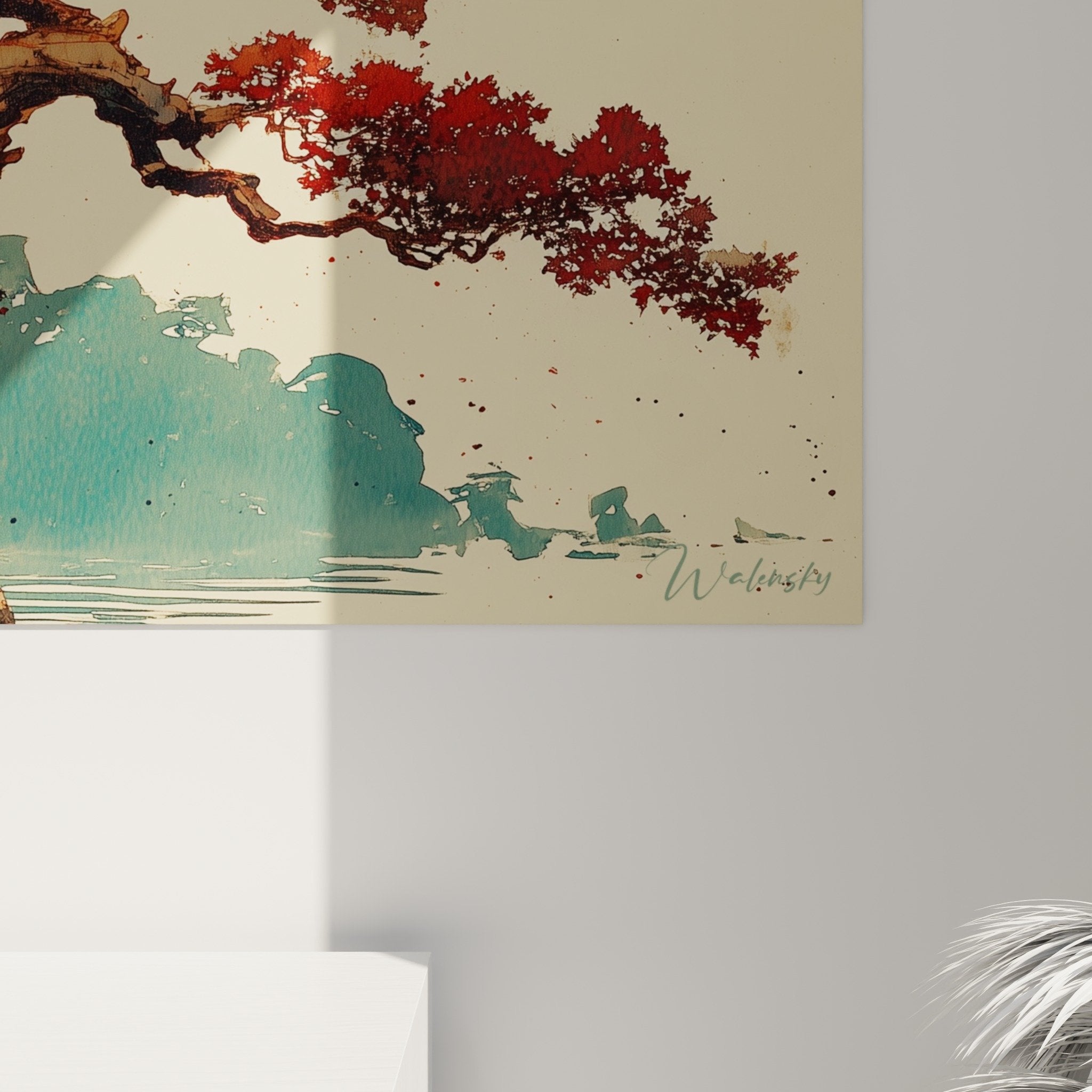 Vue ensemble tableau pagode japonaise salon decoration murale zen cerisier automne
