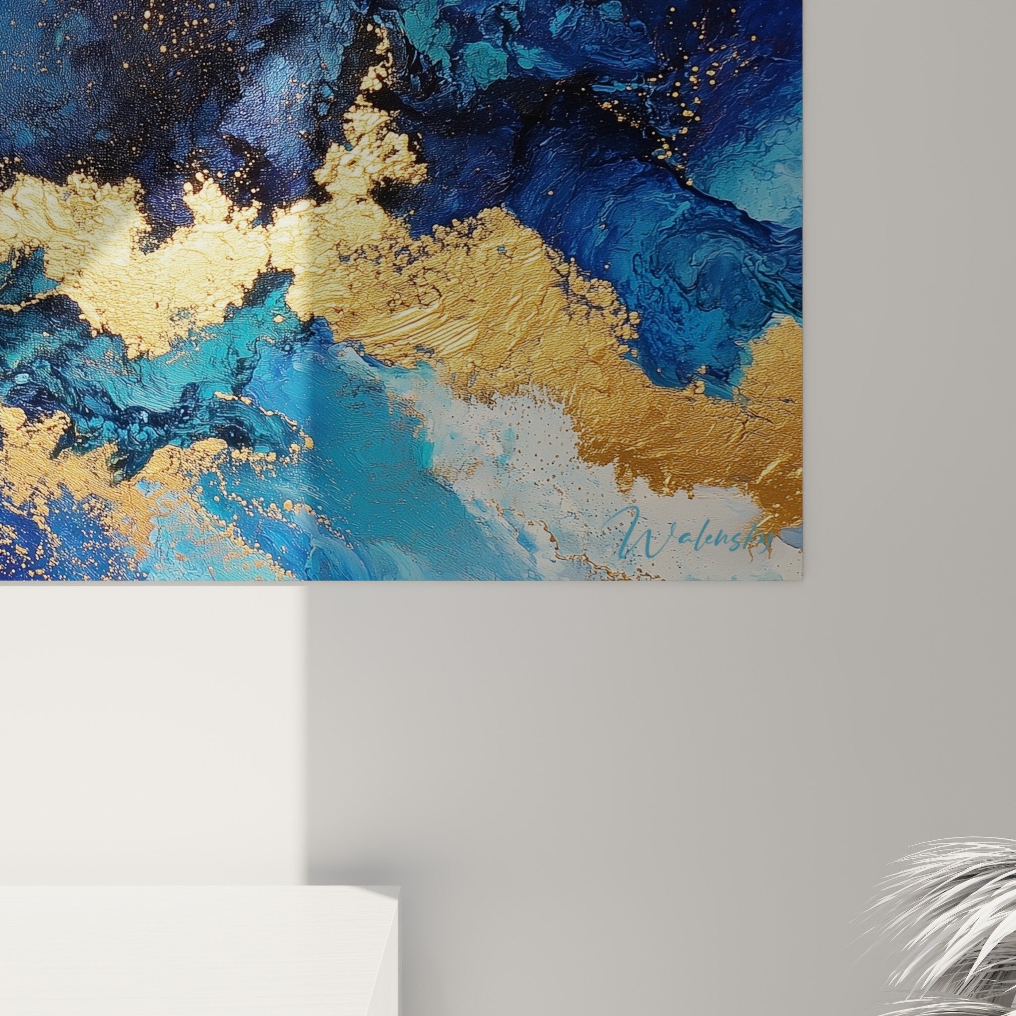 Panoramic blue and gold wall art hanging in living room feng shui water element decoration
