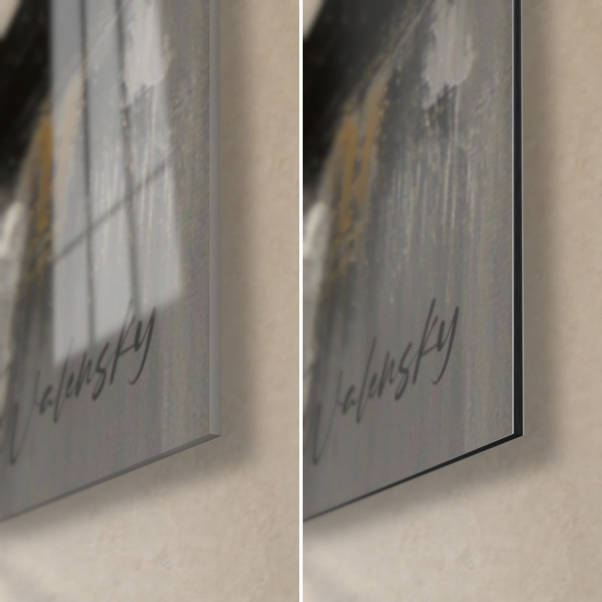 Cuadro paisaje urbano en gris y negro, esquina inferior derecha: cristal brillante a la izquierda, aluminio Dibond mate a la derecha, canto de 3 mm