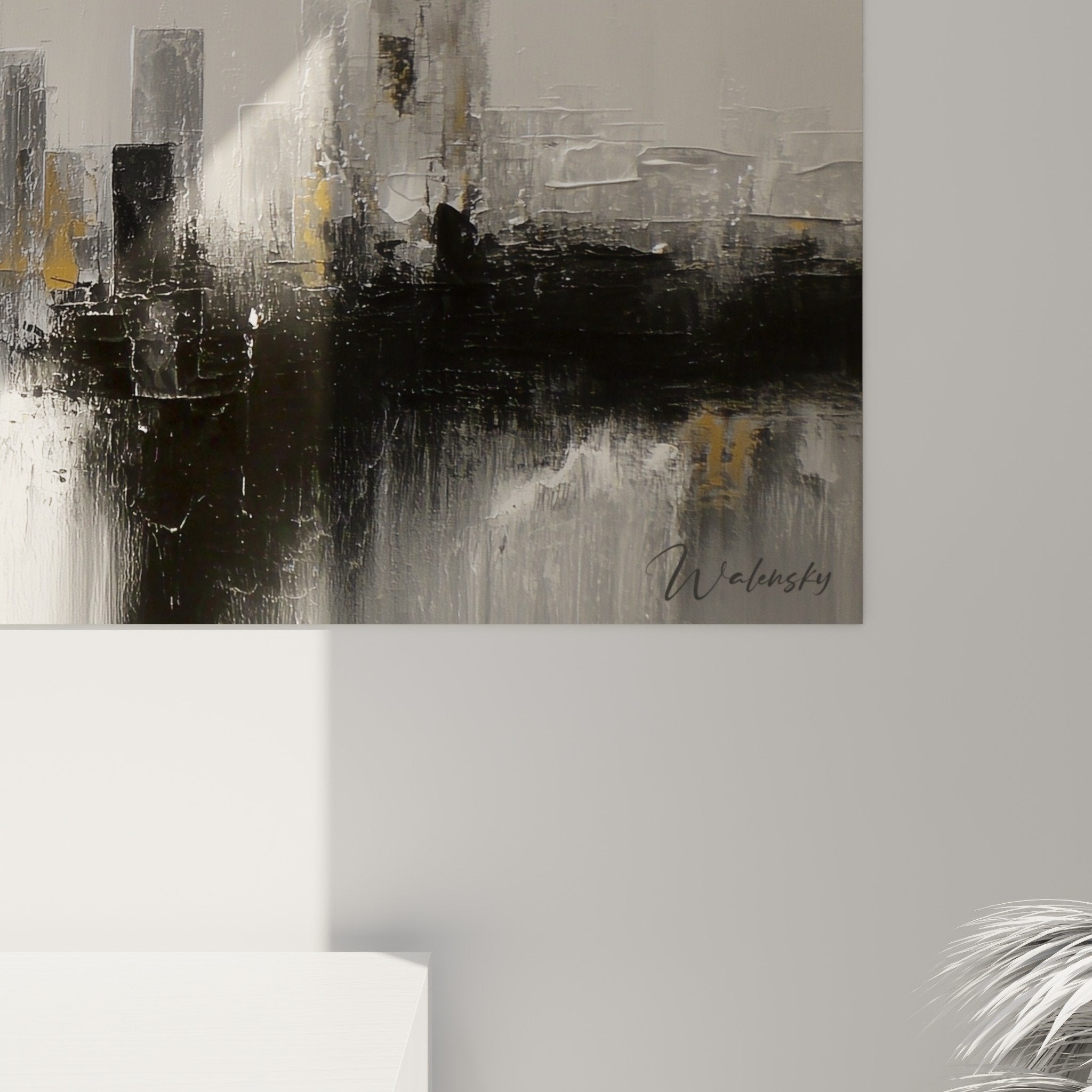 Abstract urban panoramic canvas modern living room decor grey black white metal
