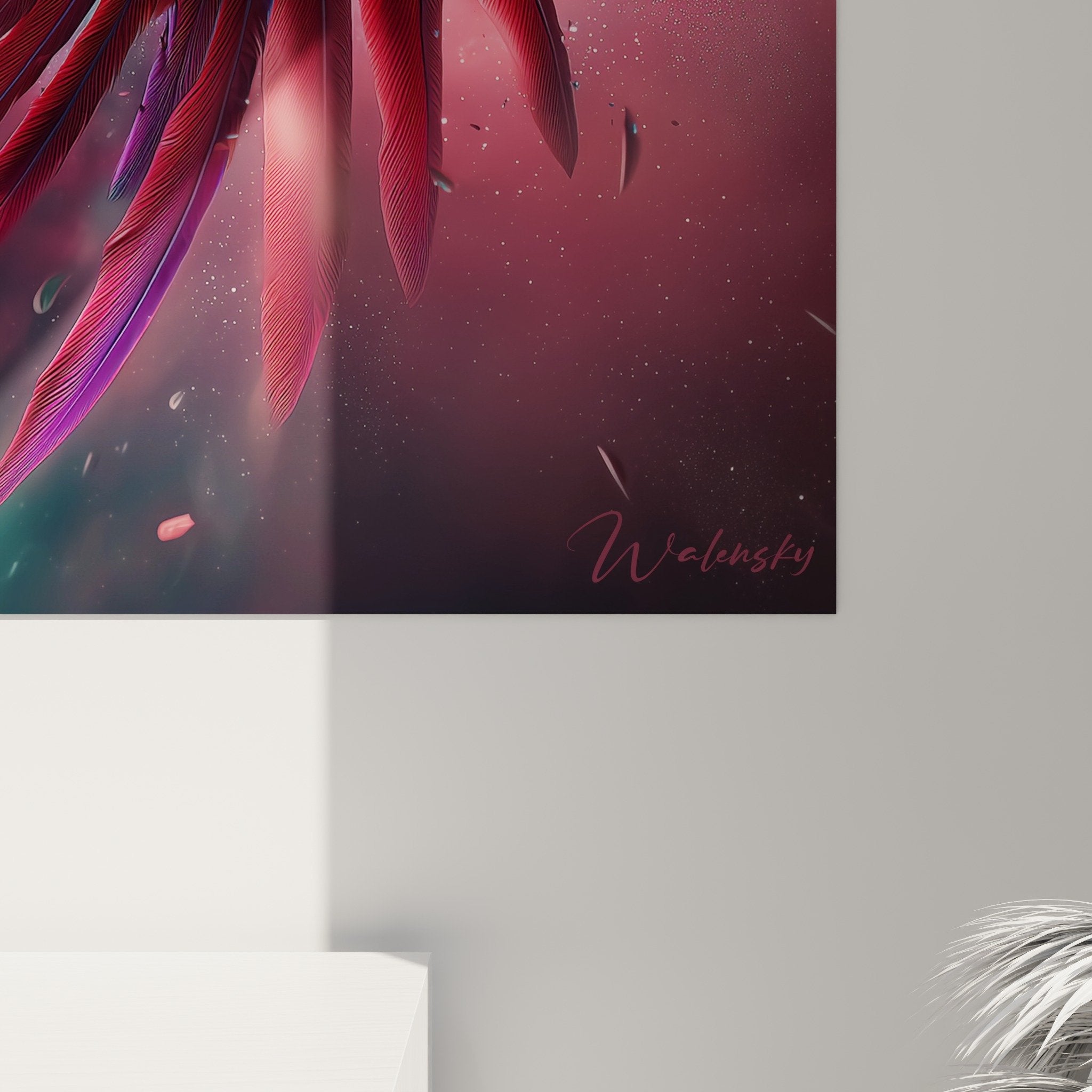 Gesamtansicht Papagei-Kunstwerk himmelflug im modernen Wohnzimmer weiße Wand farbenfrohe künstlerische Dekoration