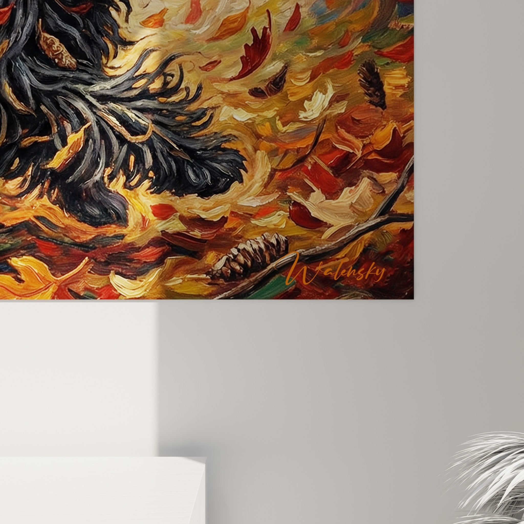 Vue ensemble salon tableau puli automnal decoration murale art animalier moderne tons chauds ambiance cosy