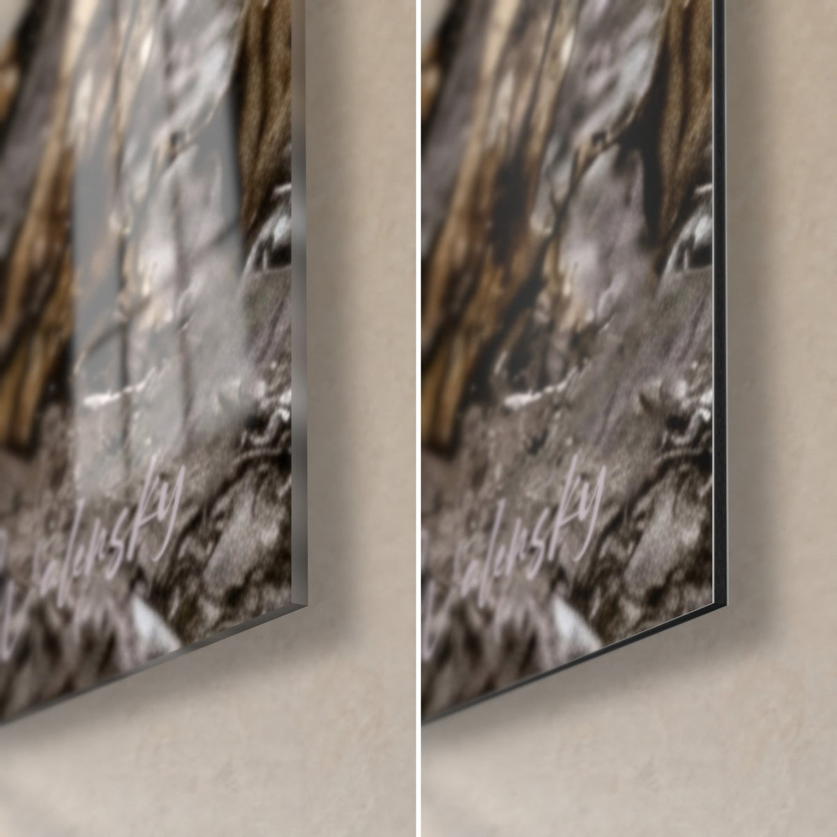 Quadro Puli con cordoni neri e fango marrone, angolo in basso a destra: vetro acrilico lucido a sinistra, alluminio Dibond opaco a destra, spessore 3 mm