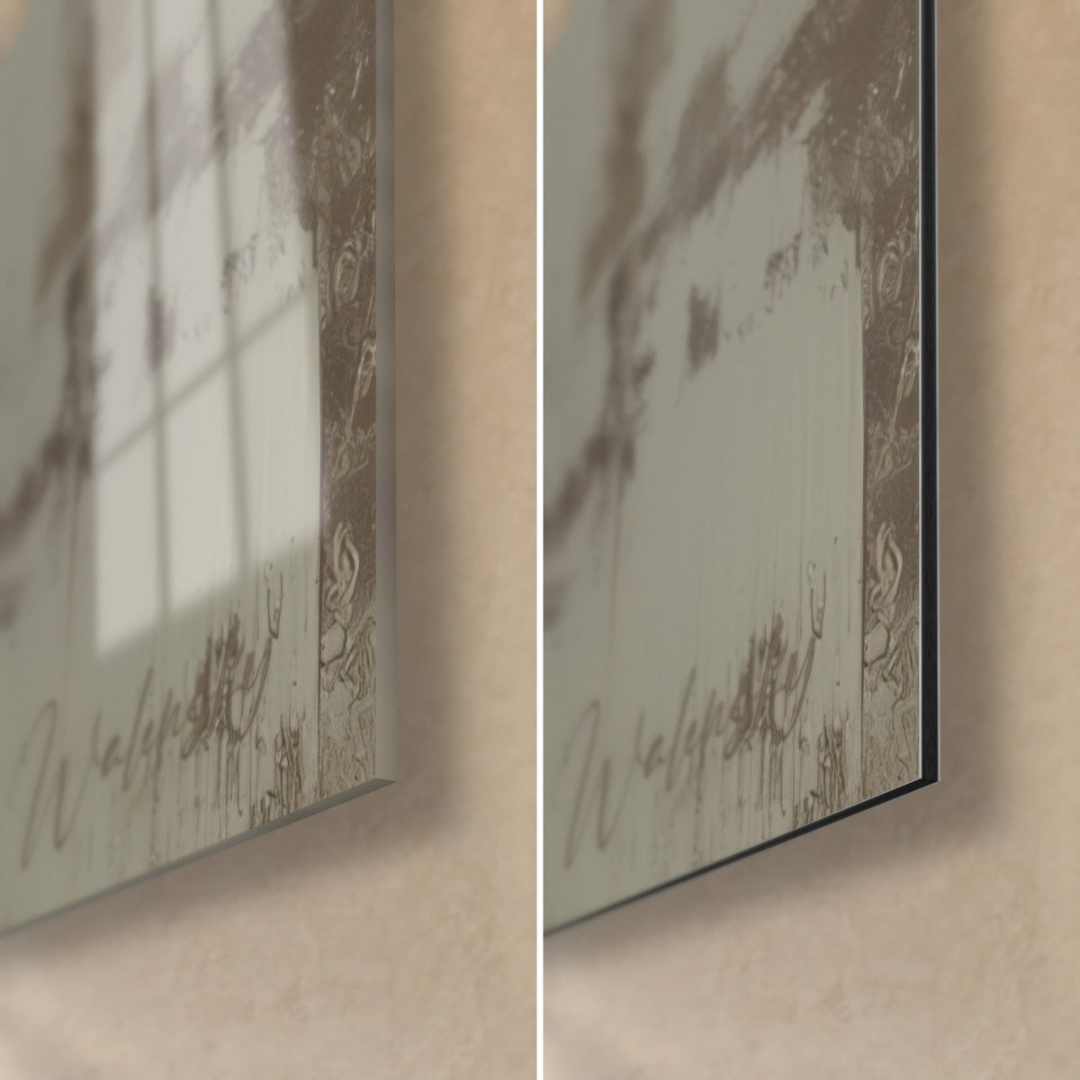 Tableau tête de chien ocre, coin bas droit : verre acrylique brillant à gauche, alu Dibond mat gris à droite, tranche de 3 mm