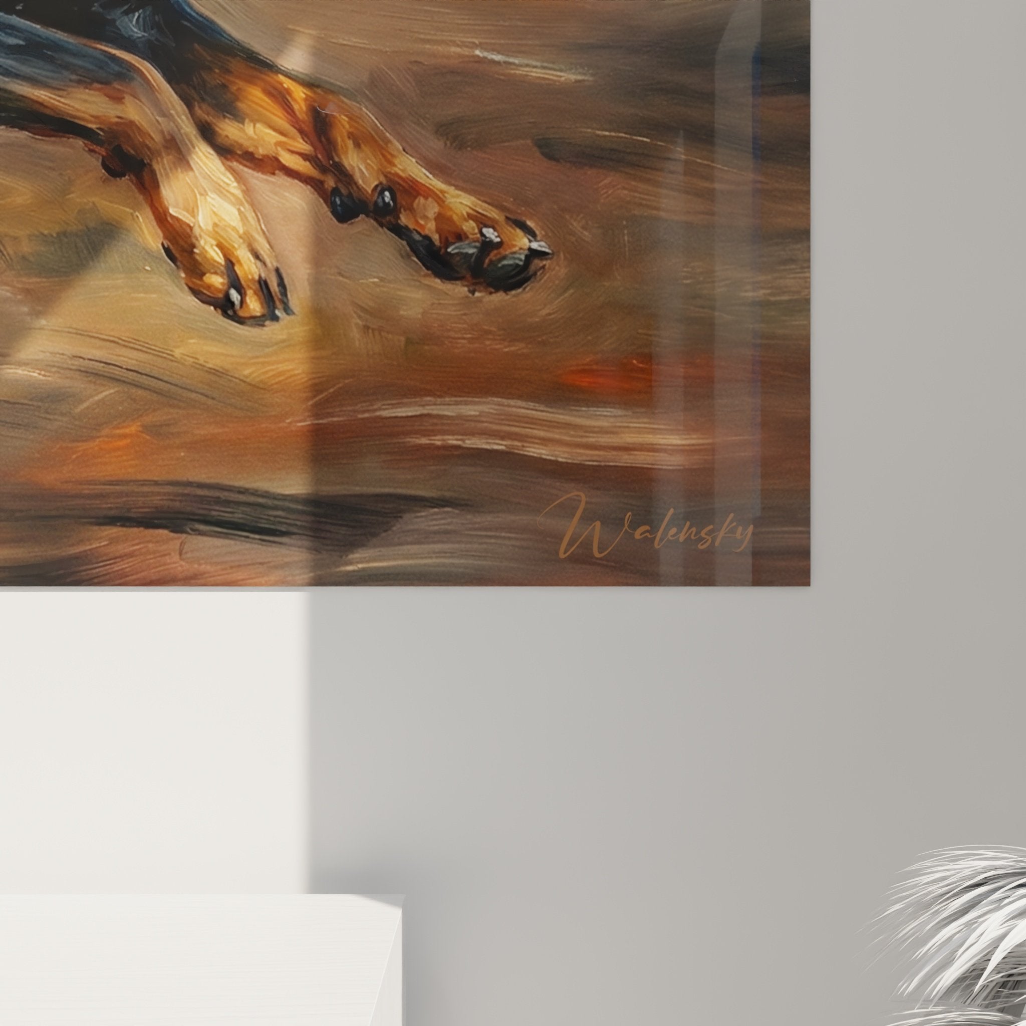 Vue ensemble tableau Rottweiler dynamique salon industriel, décoration murale art canin tons terreux