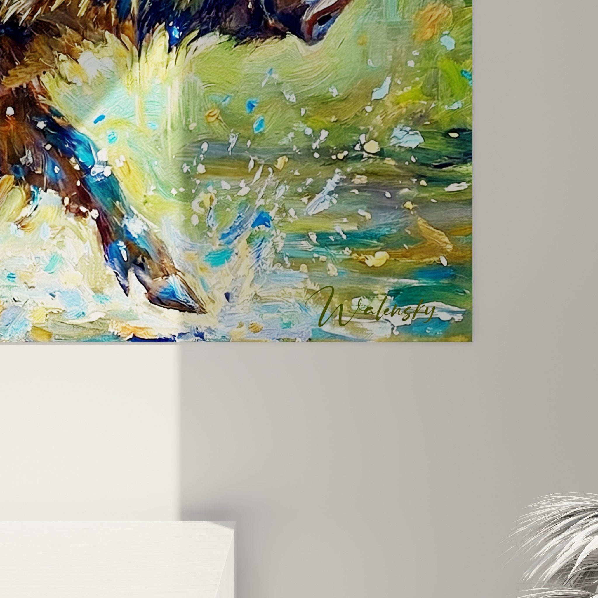 Wild boar painting blue waters living room wall art nature decor
