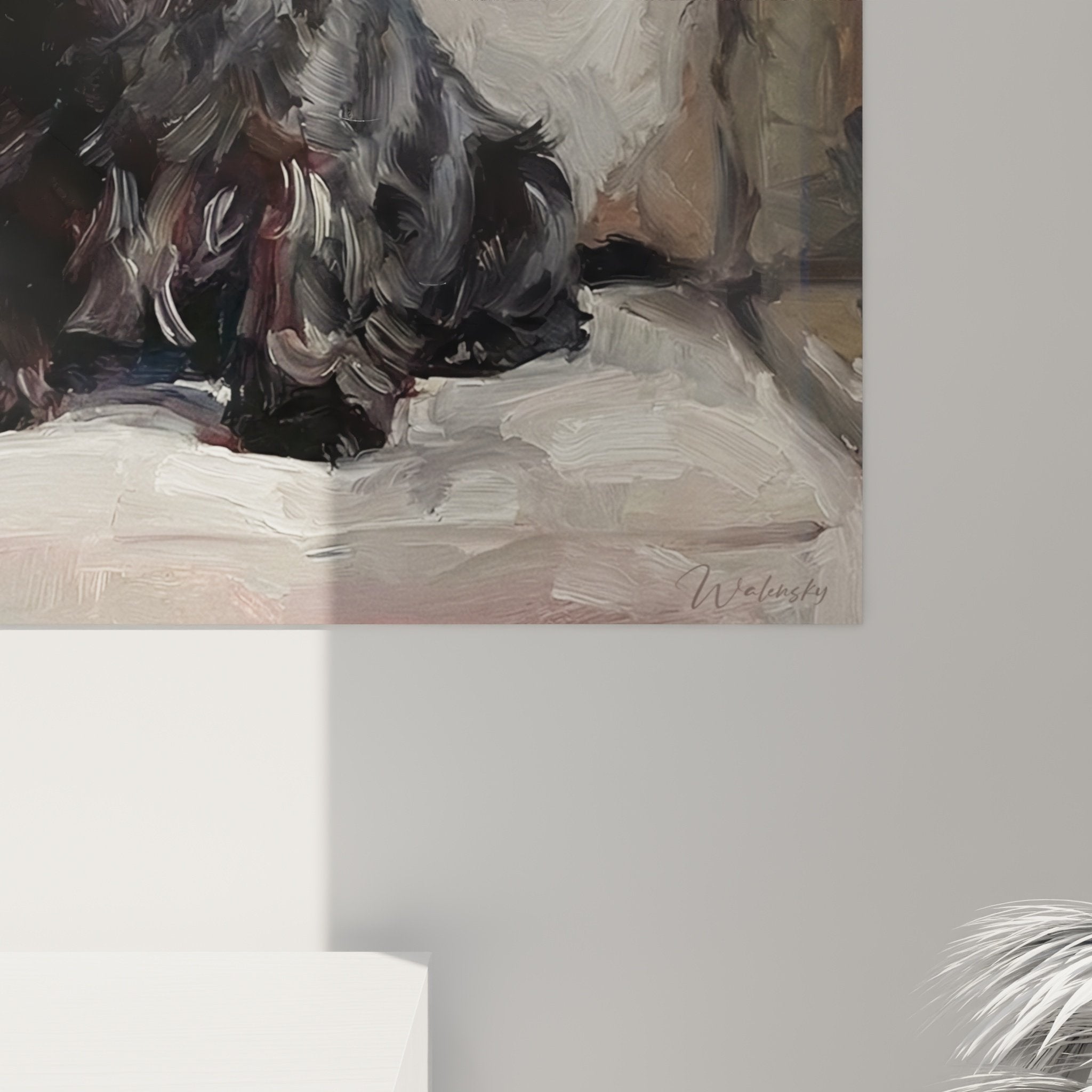 Vue ensemble tableau scottish terrier salon beige, portrait chien decoration interieure