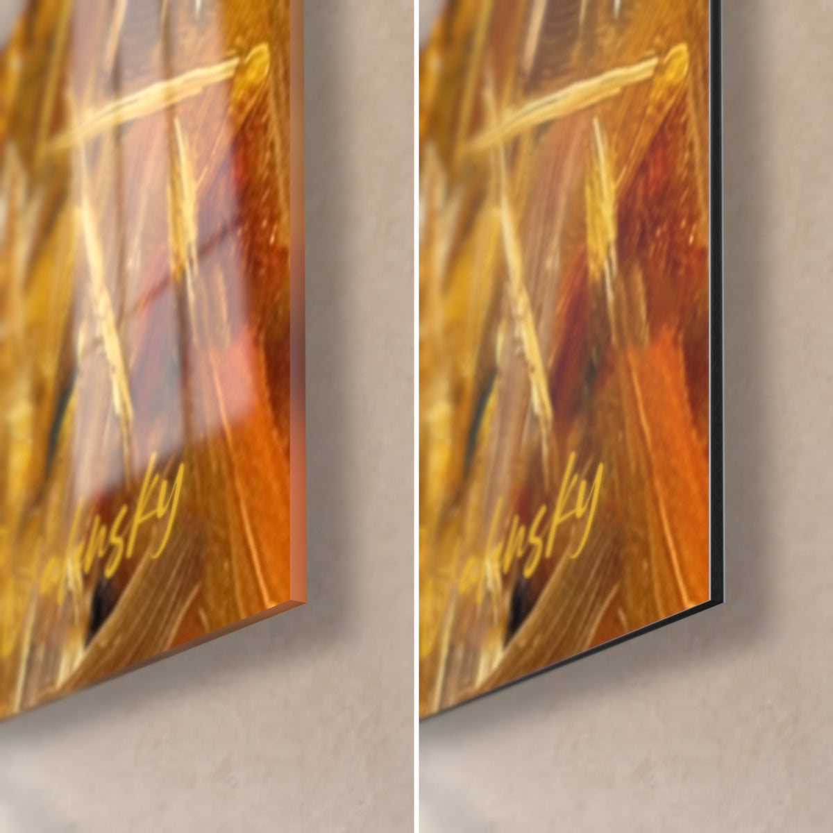Wall art white and orange setter in golden wheat, bottom right corner: glossy glass on the left, matte Dibond on the right, 3 mm edge