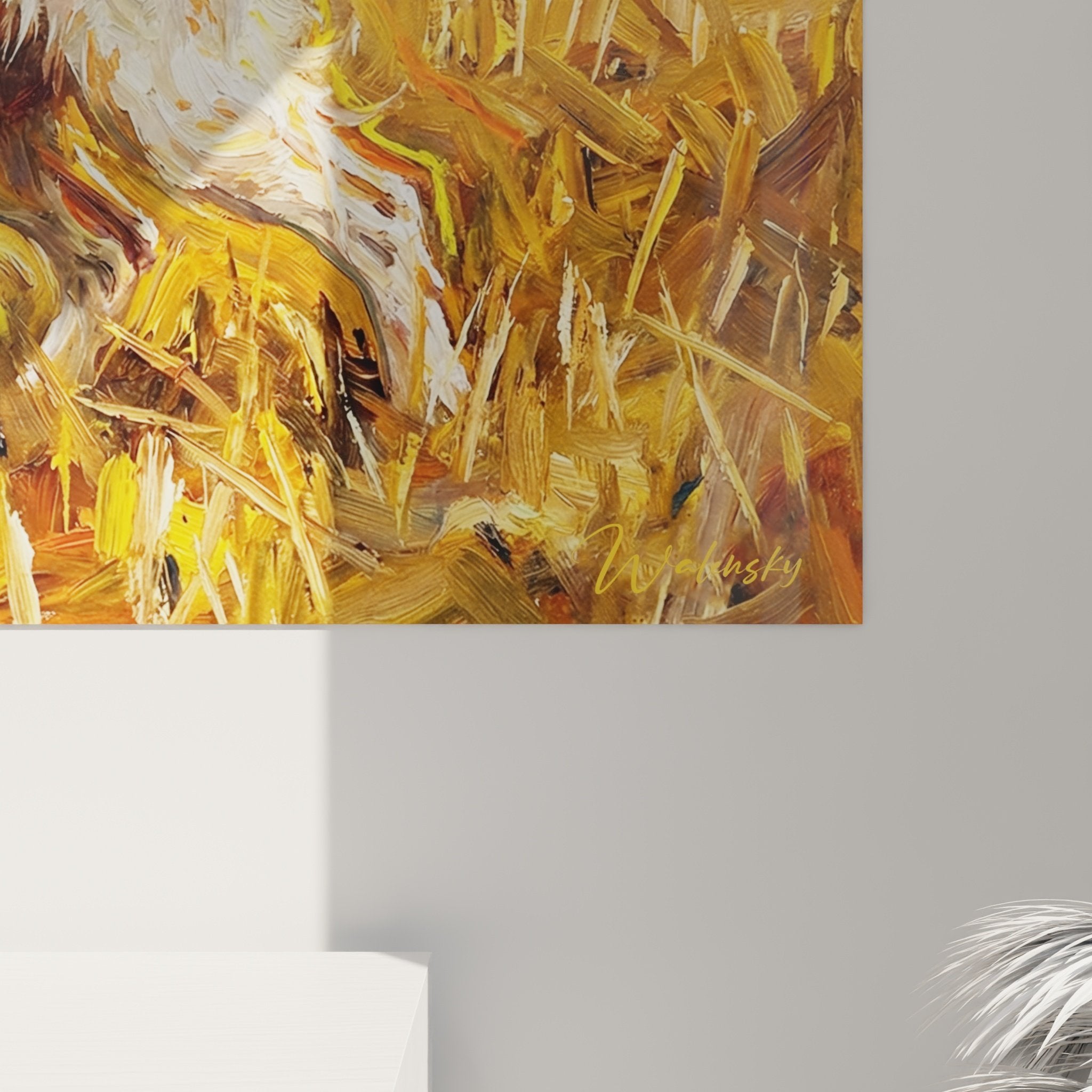 Vue ensemble tableau setter anglais salon decoration murale art canin tons ocre ambiance cosy