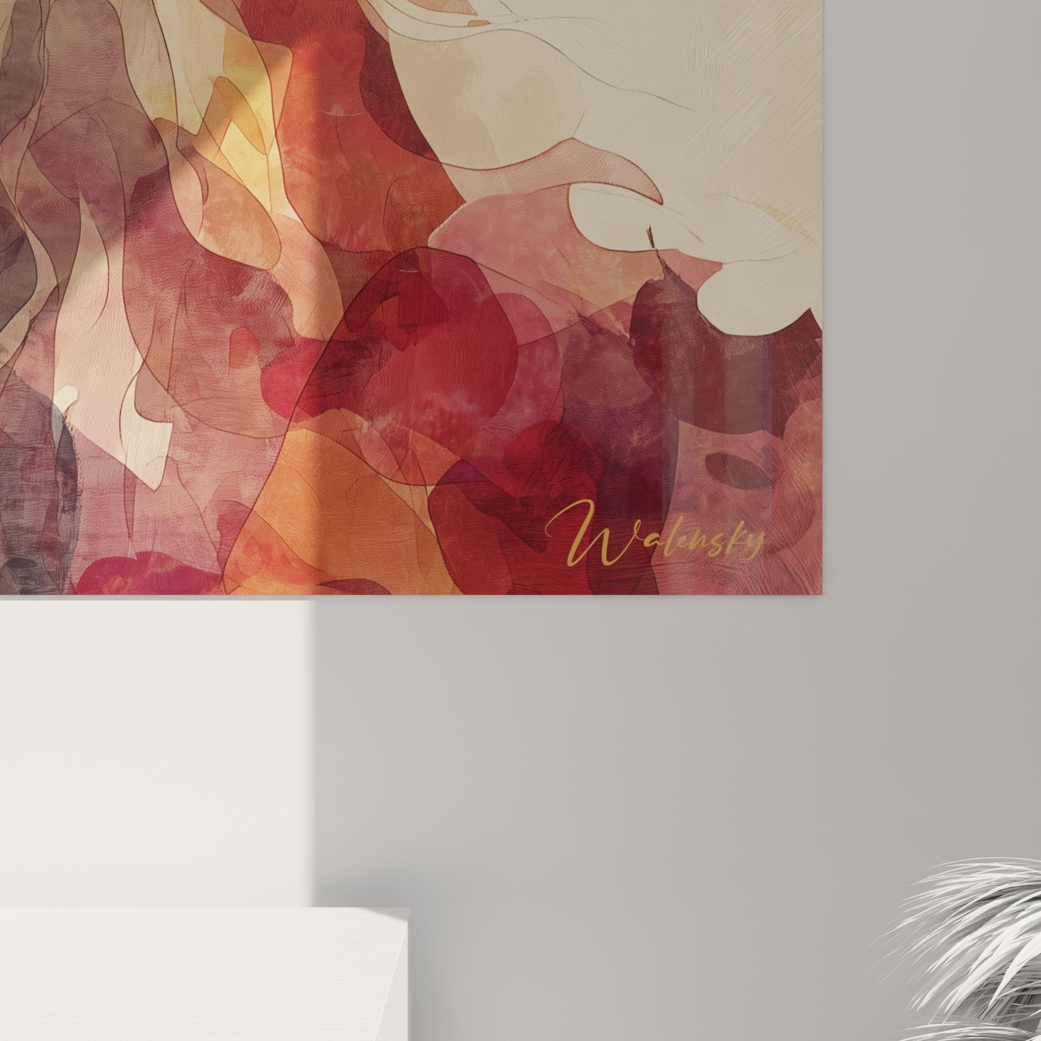 Vue ensemble tableau setter irlandais abstrait salon decoration murale art contemporain tons chauds