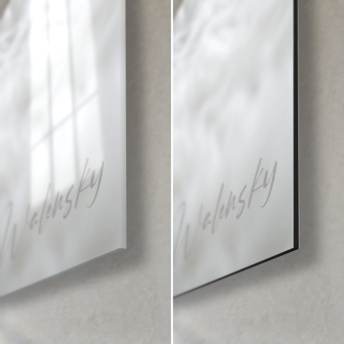 Cuadro shar pei blanco con morros grises, detalle abajo a la derecha: cristal acrílico brillante a la izquierda, aluminio Dibond negro mate a la derecha, canto de 3 mm