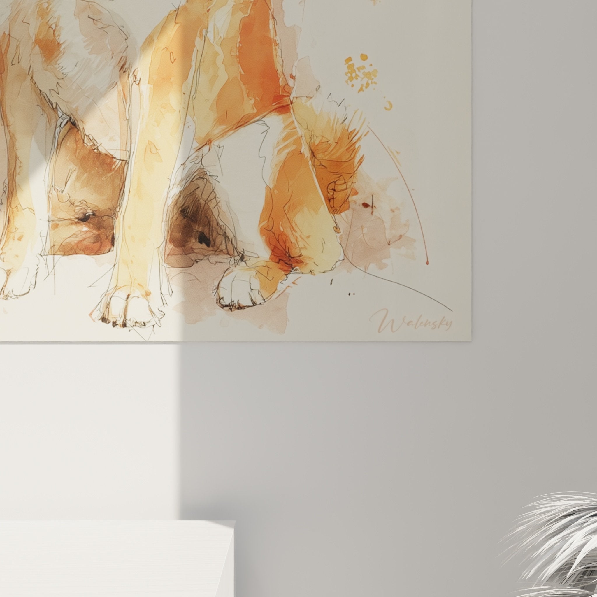 Full view living room Shiba Inu watercolor wall art natural tones
