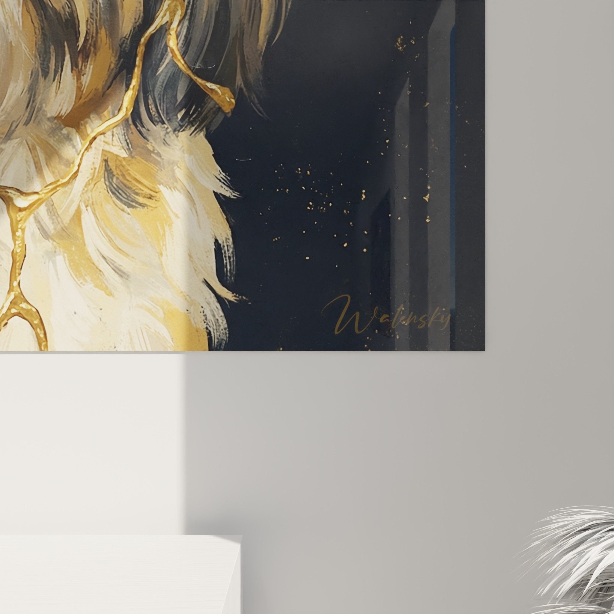 Vue ensemble tableau Shih Tzu salon decoration murale tons dores art animalier