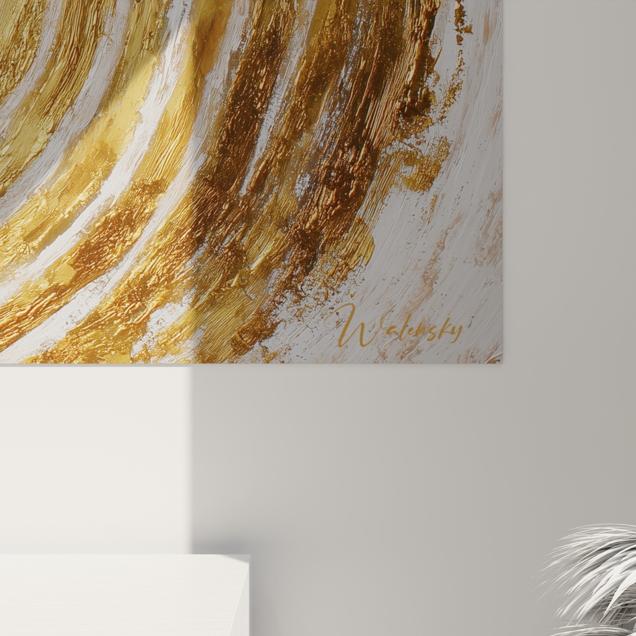 Overall view of golden spiral wall art in modern living room, luminous metallic circles wall decoration
