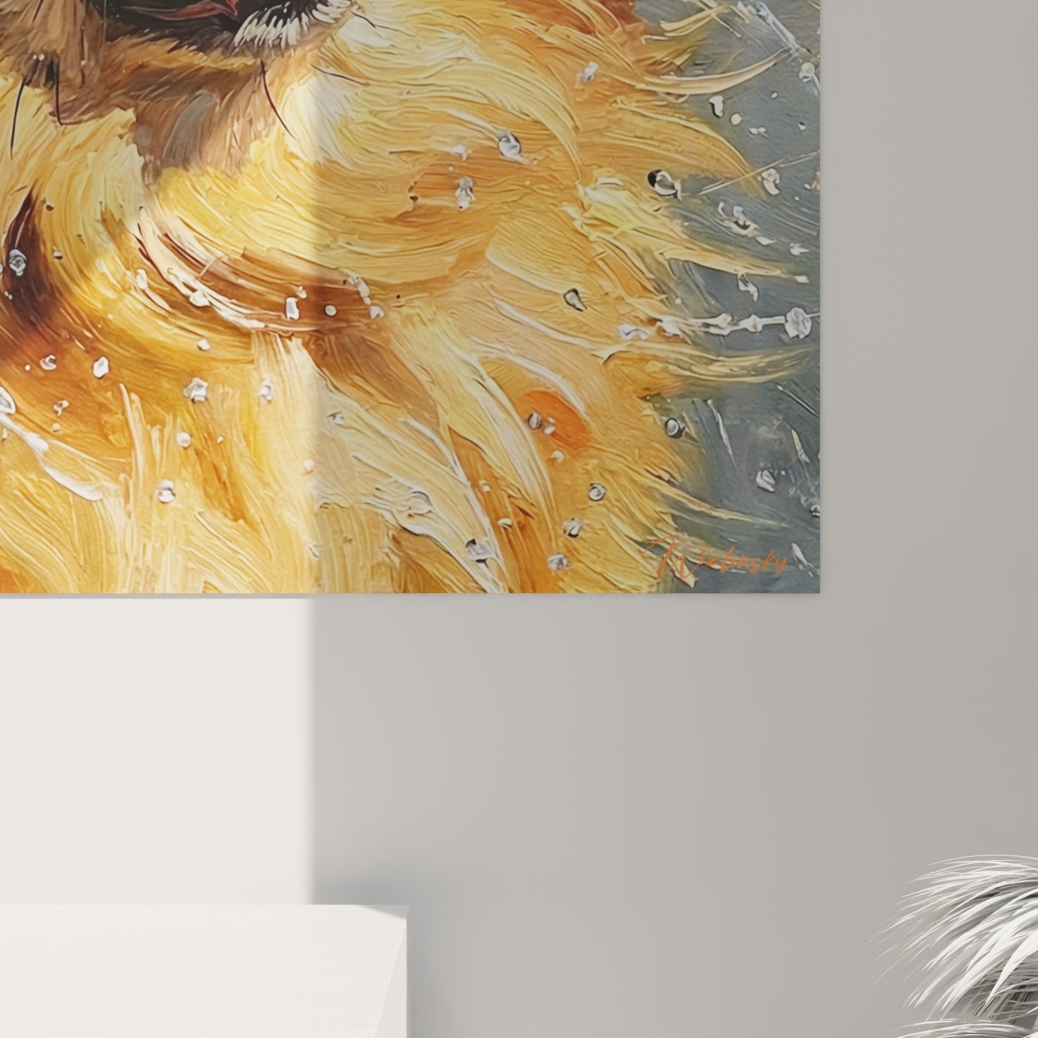 Vue d'ensemble tableau Spitz Pomeranien eclaboussures dans salon moderne aux tons naturels