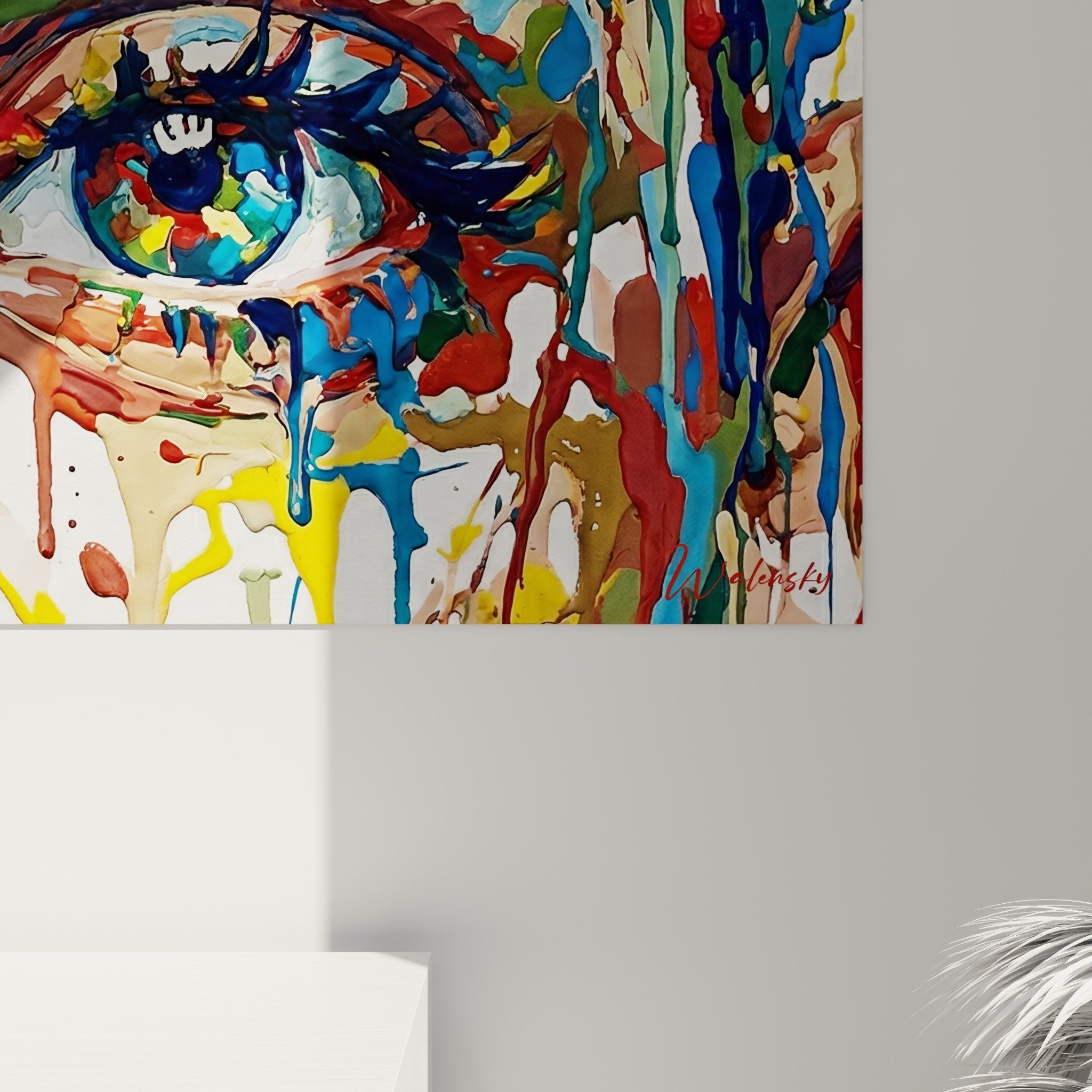 Vue ensemble tableau street art yeux multicolores salon moderne decoration murale contemporaine couleurs vives