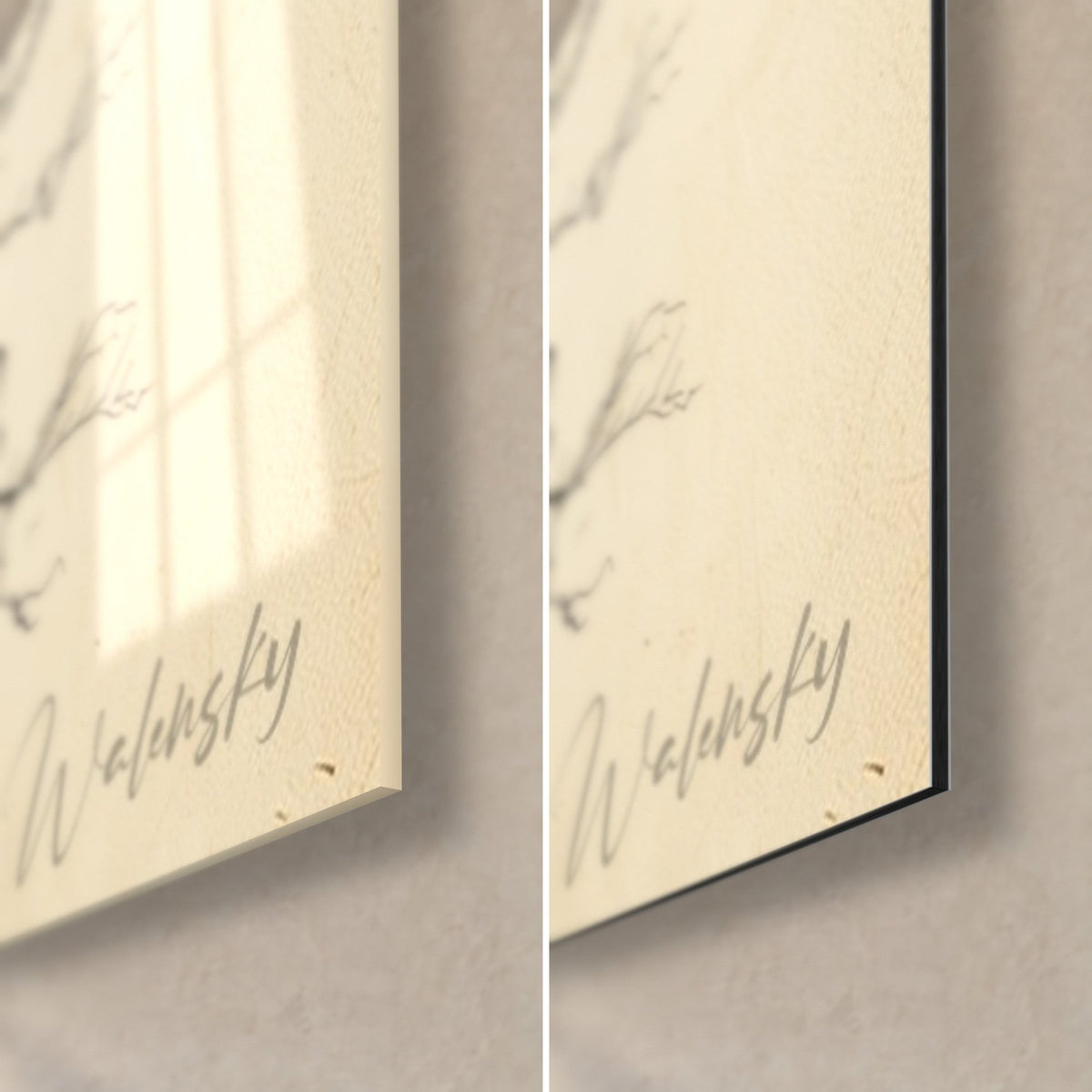 Quadro di acero rosso su fondo color crema, firma Walensky grigia, angolo in basso a destra di vetro lucido e alluminio Dibond nero opaco