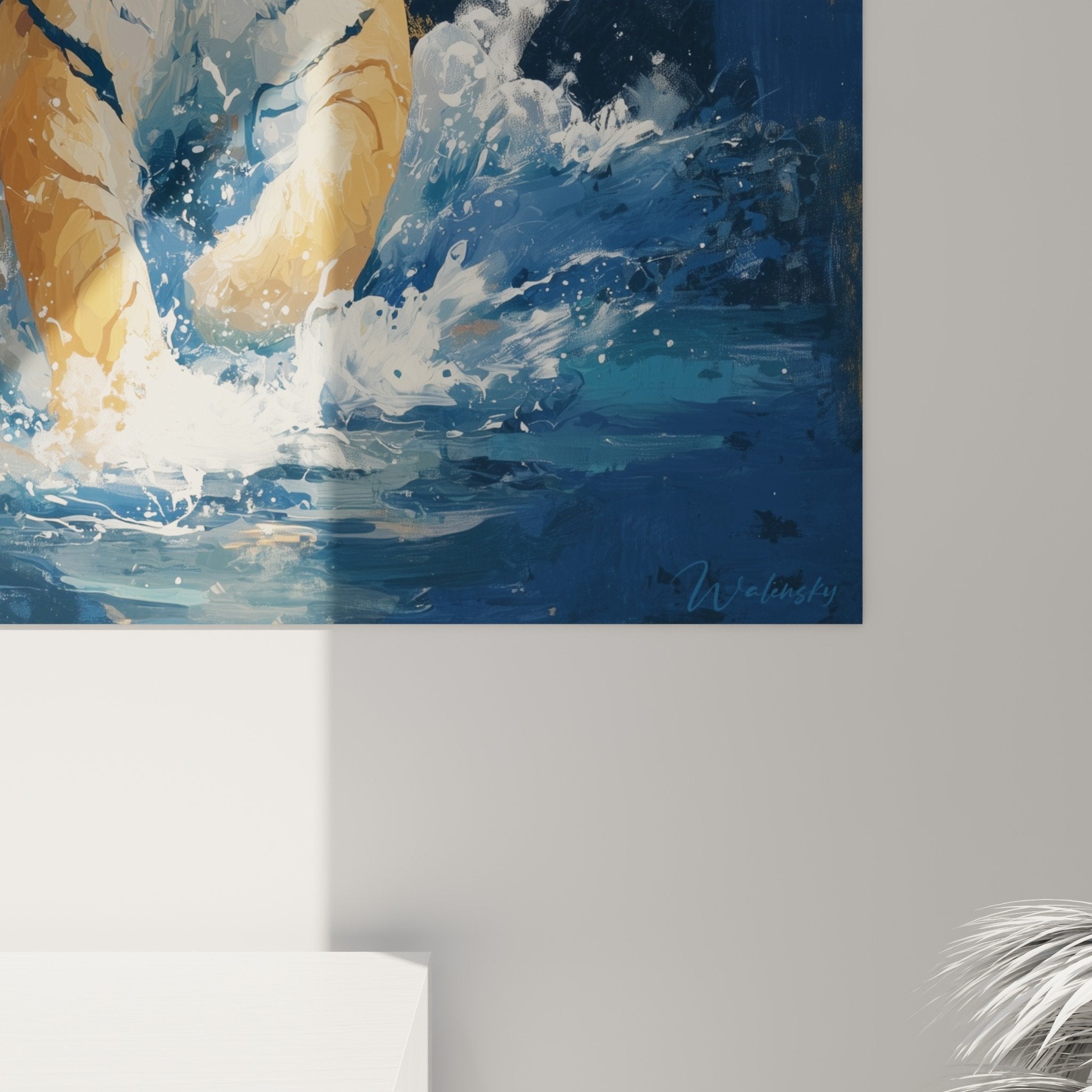 Full view tiger painting blue water contemporary living room wall art decoration