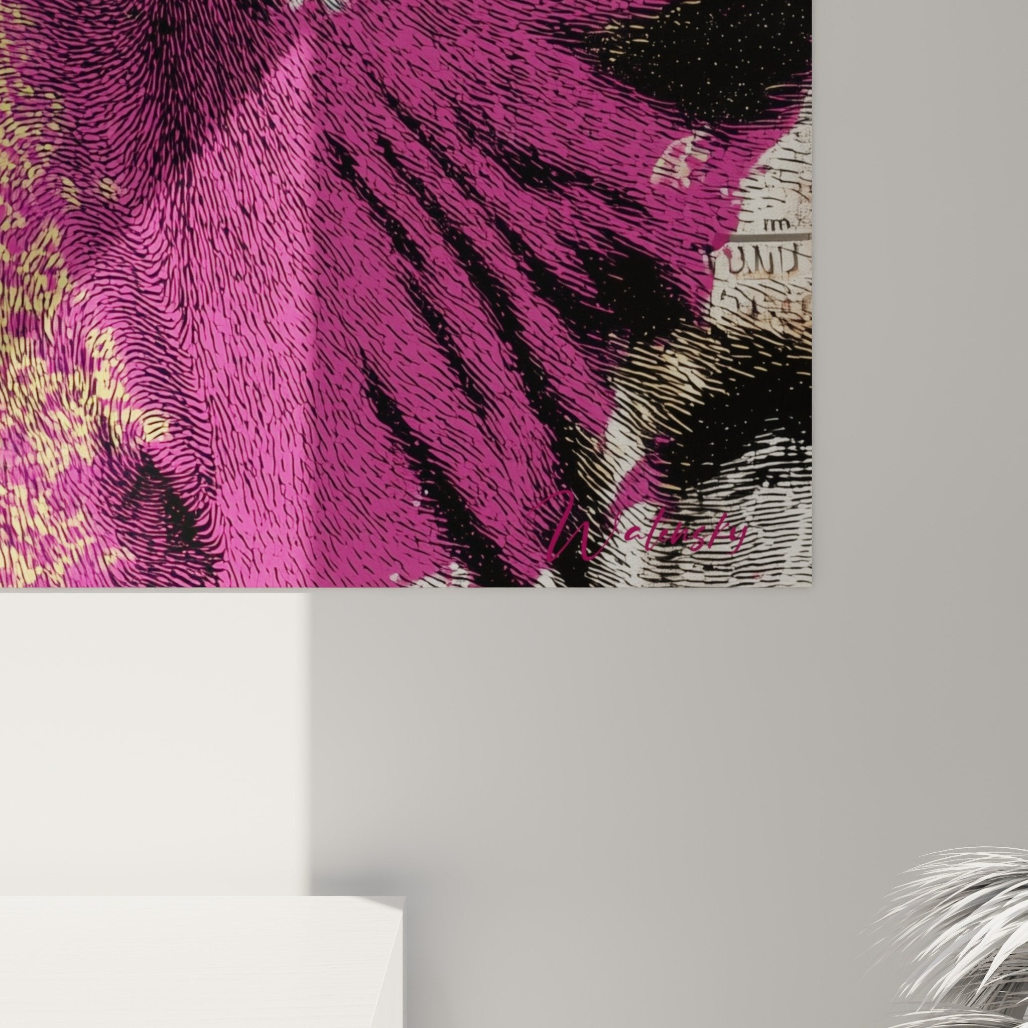 Gesamtansicht mehrfarbiges Tigerbild modernes Wohnzimmer klare Wand Natürliches Licht dekorativer Effekt