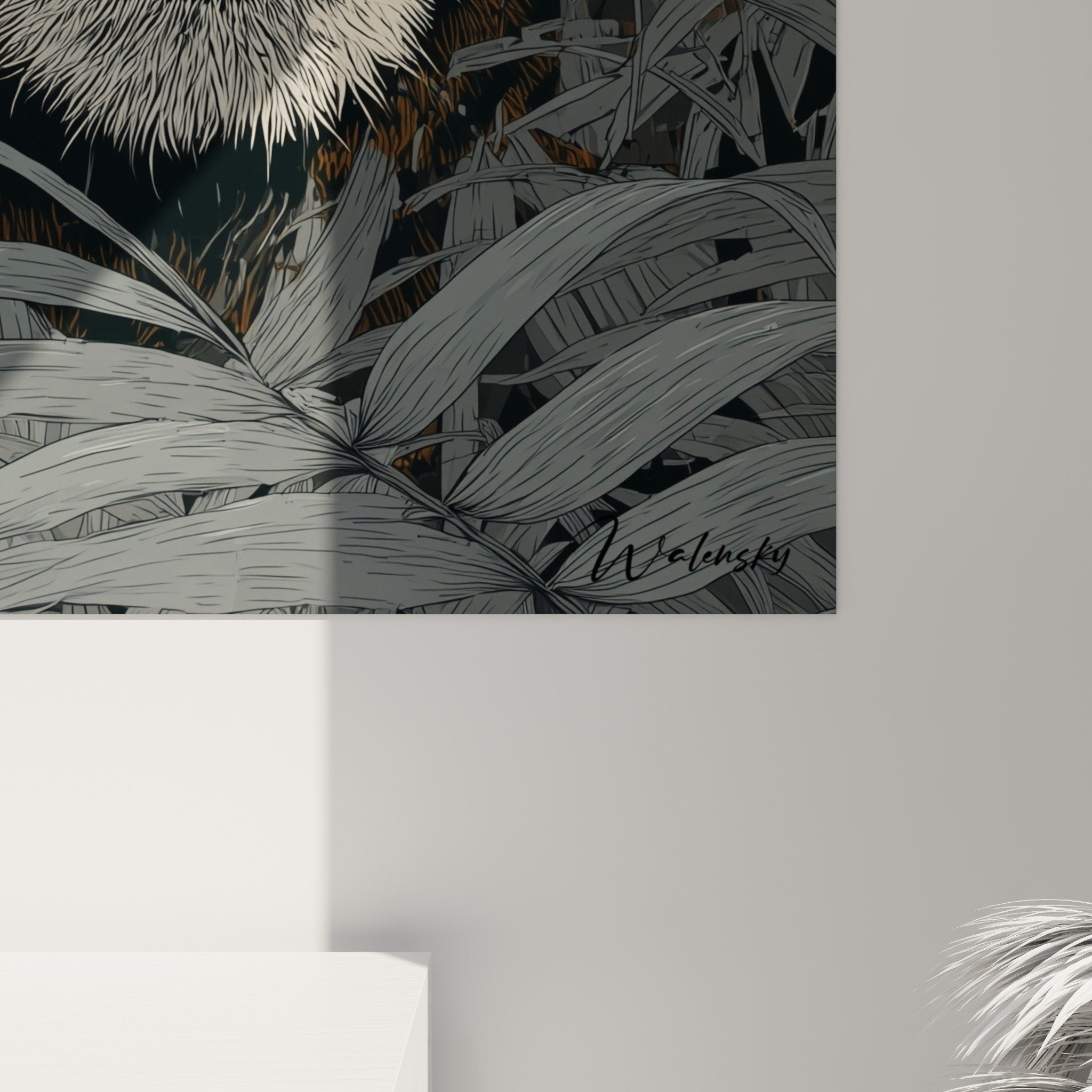 Full view roaring tiger canvas modern living room gray wall wild fauve wall decoration