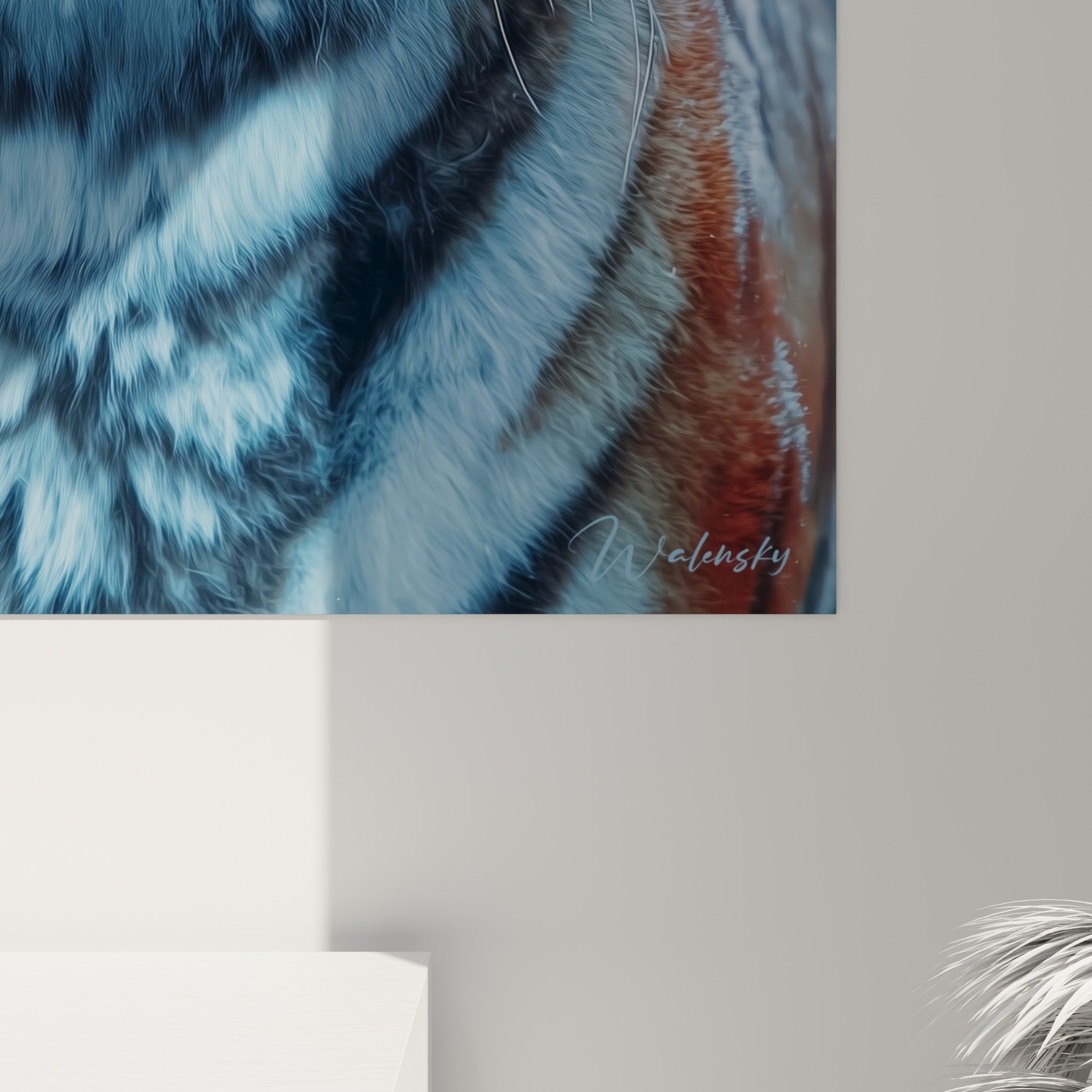 Vue ensemble tableau tigre yeux bleus salon contemporain décoration murale art animalier mystique