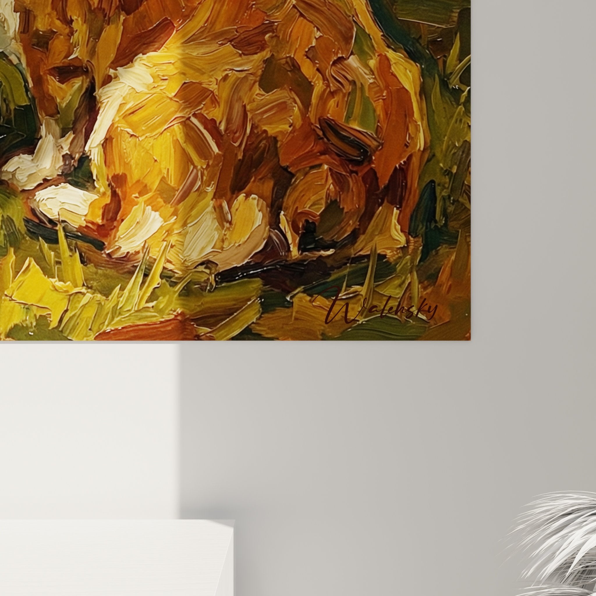 Vue ensemble tableau trois corgis pembroke salon decoration tons automnaux roux orange harmonie familiale