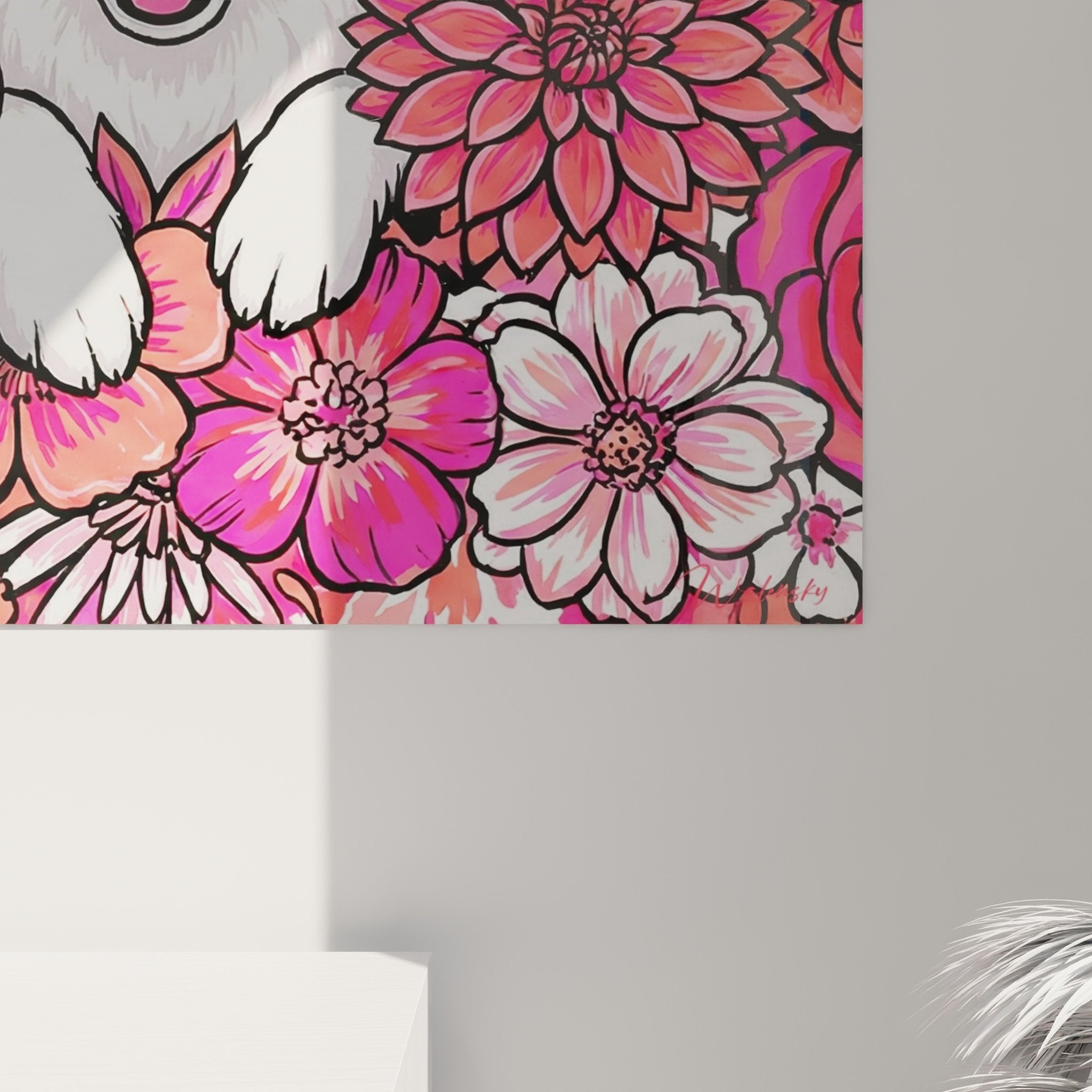 vue ensemble tableau samoyede fleurs roses salon moderne decoration murale coloree