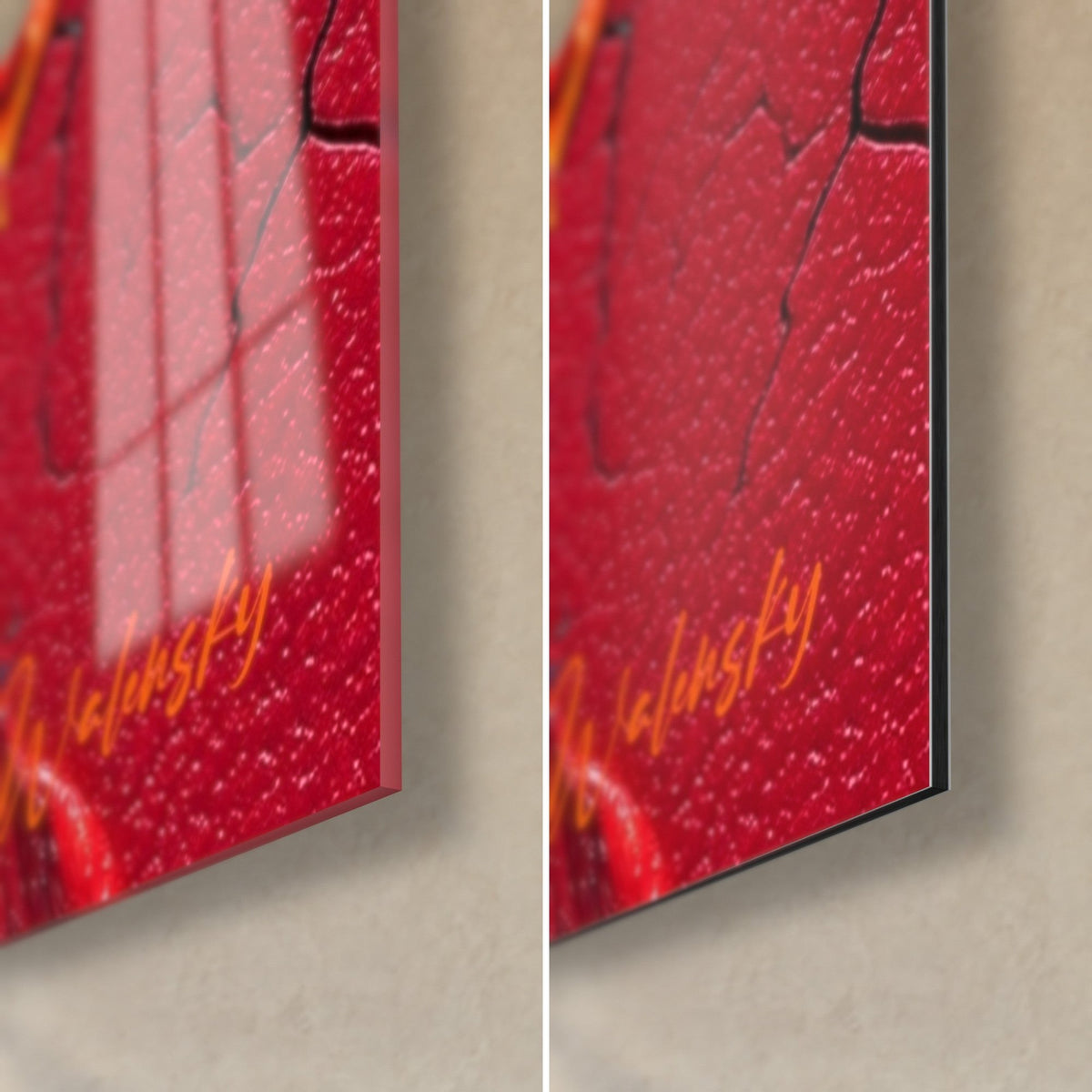 Wall art with an orange and red spiral, bottom right corner: glossy acrylic glass with reflections, matte Dibond aluminium, 3 mm black edge