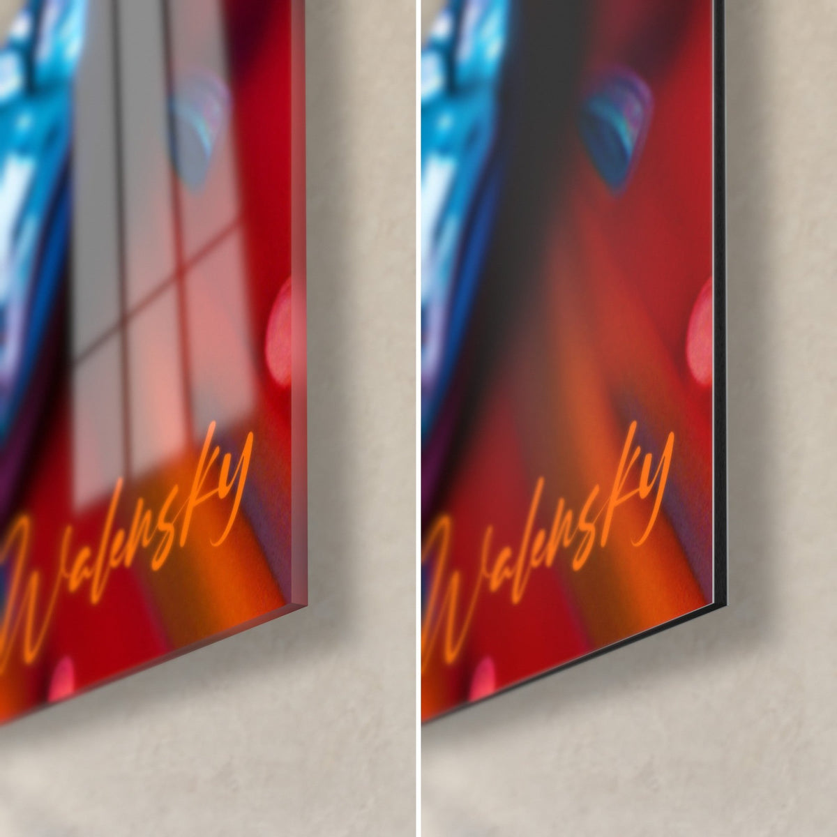 Tableau peinture grasse rouge carmin et orange, signature Walensky, coin en verre brillant et Dibond mat, tranche 3 mm